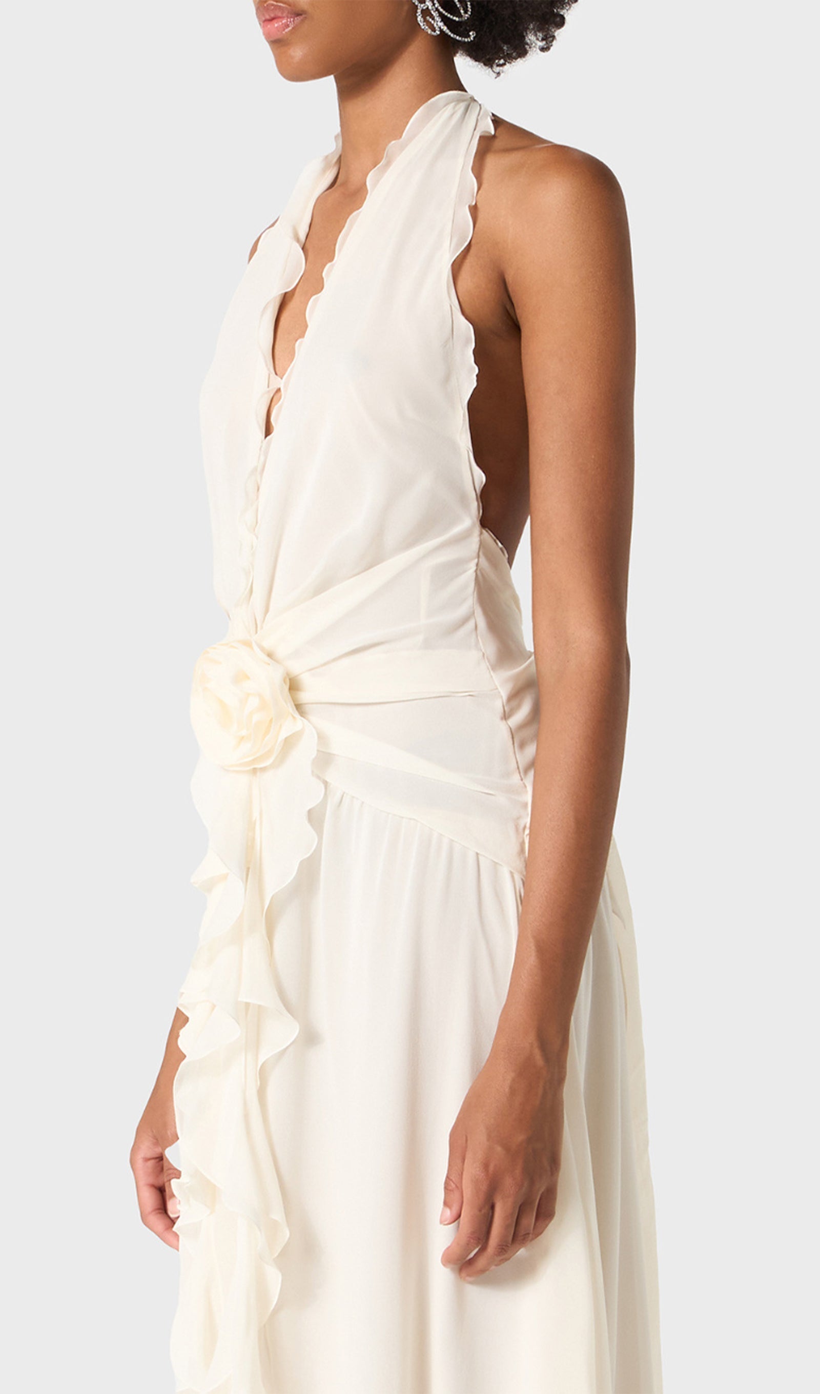 Halter Ruffles Gül Süslemeli Maksi Elbise