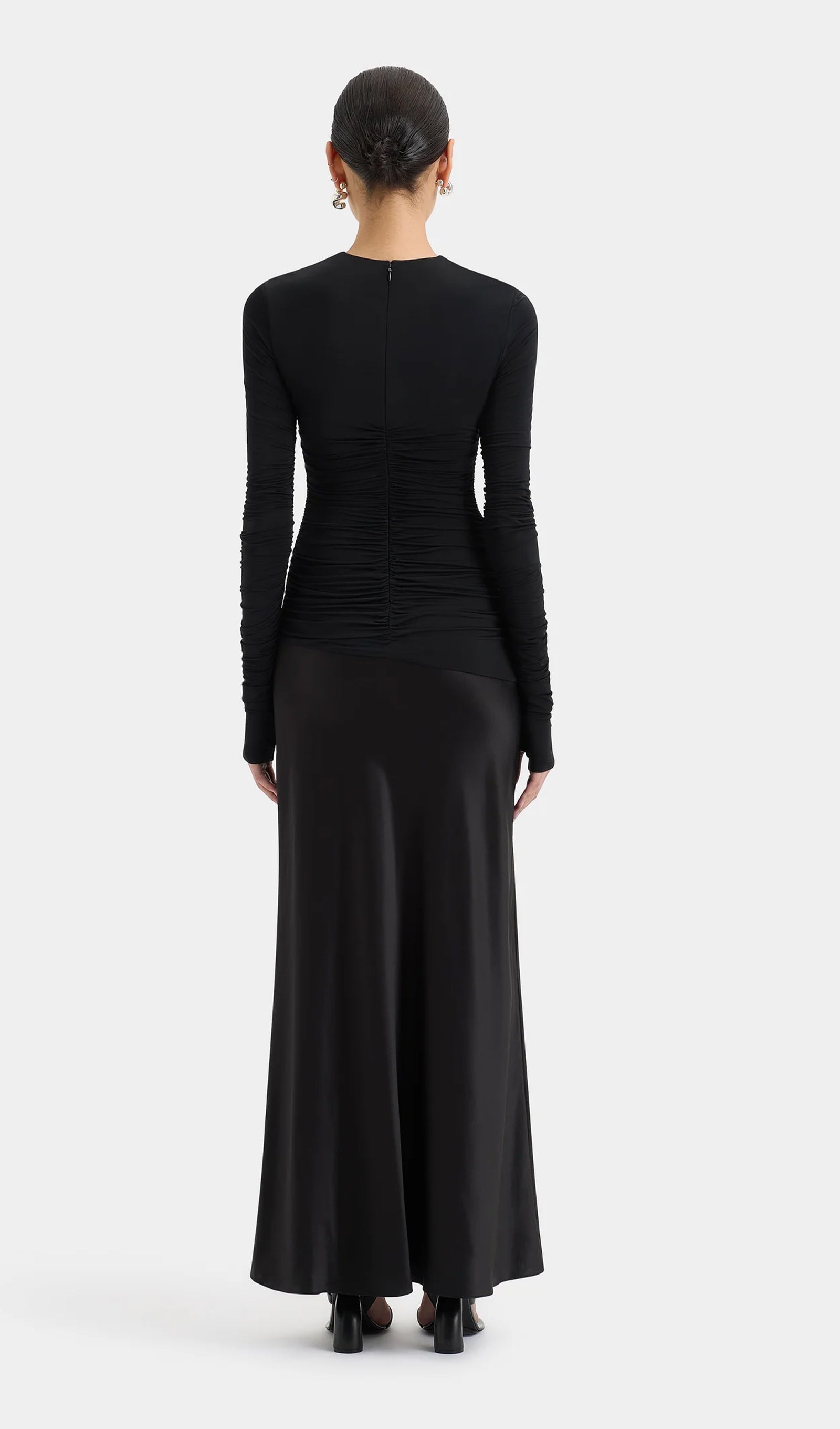 Drapeli Jersey ve Saten Maksi Elbise-Siyah