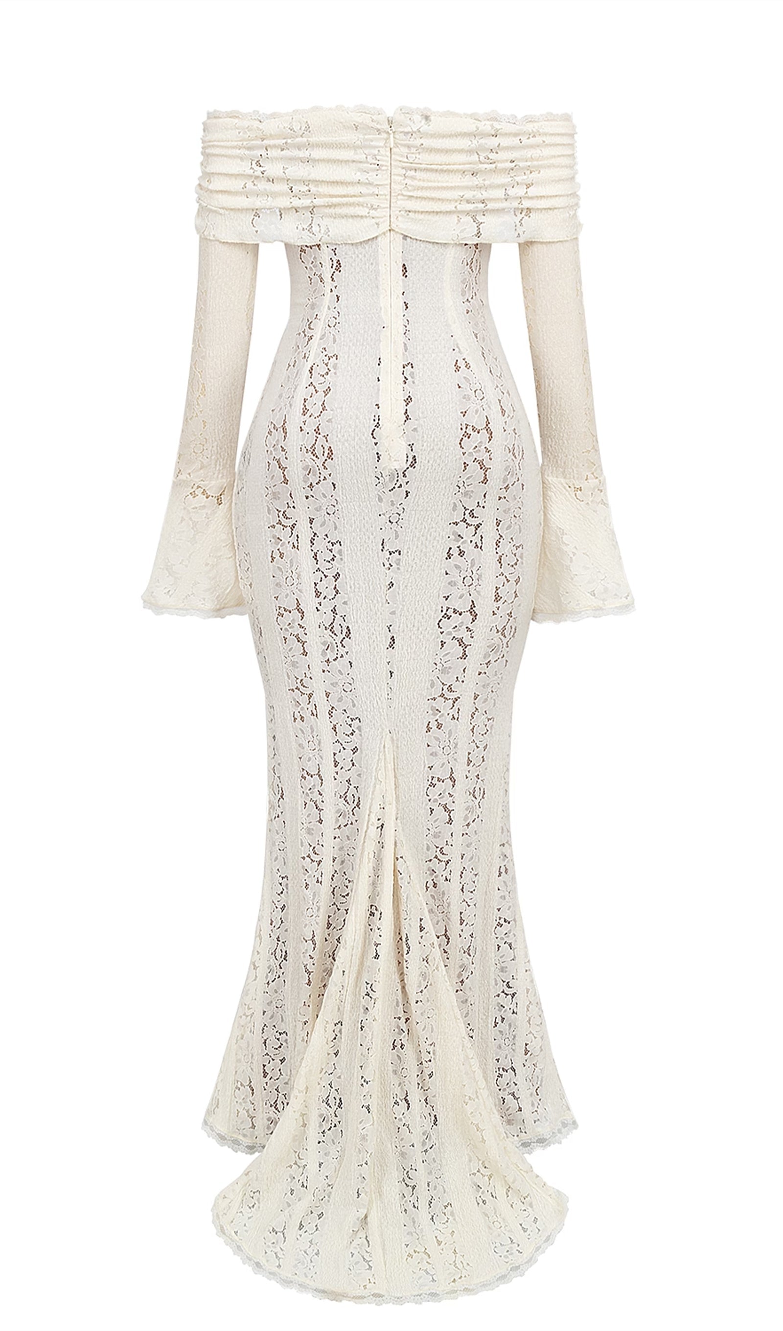 Vintage Çiçekli Dantel Kapalı Omuz Maksi Elbise