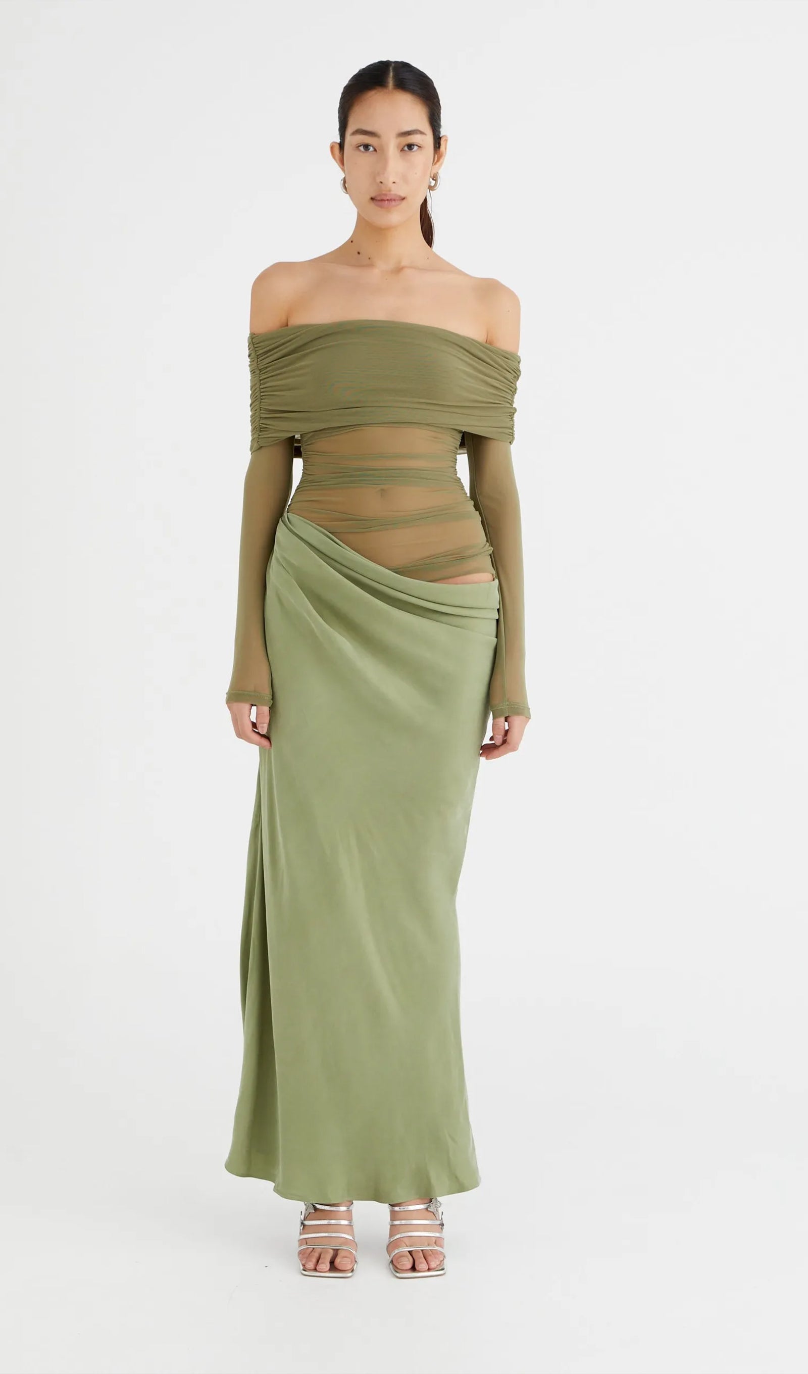 Kapalı Omuz Şeffaf Maksi Örgü Yeşil