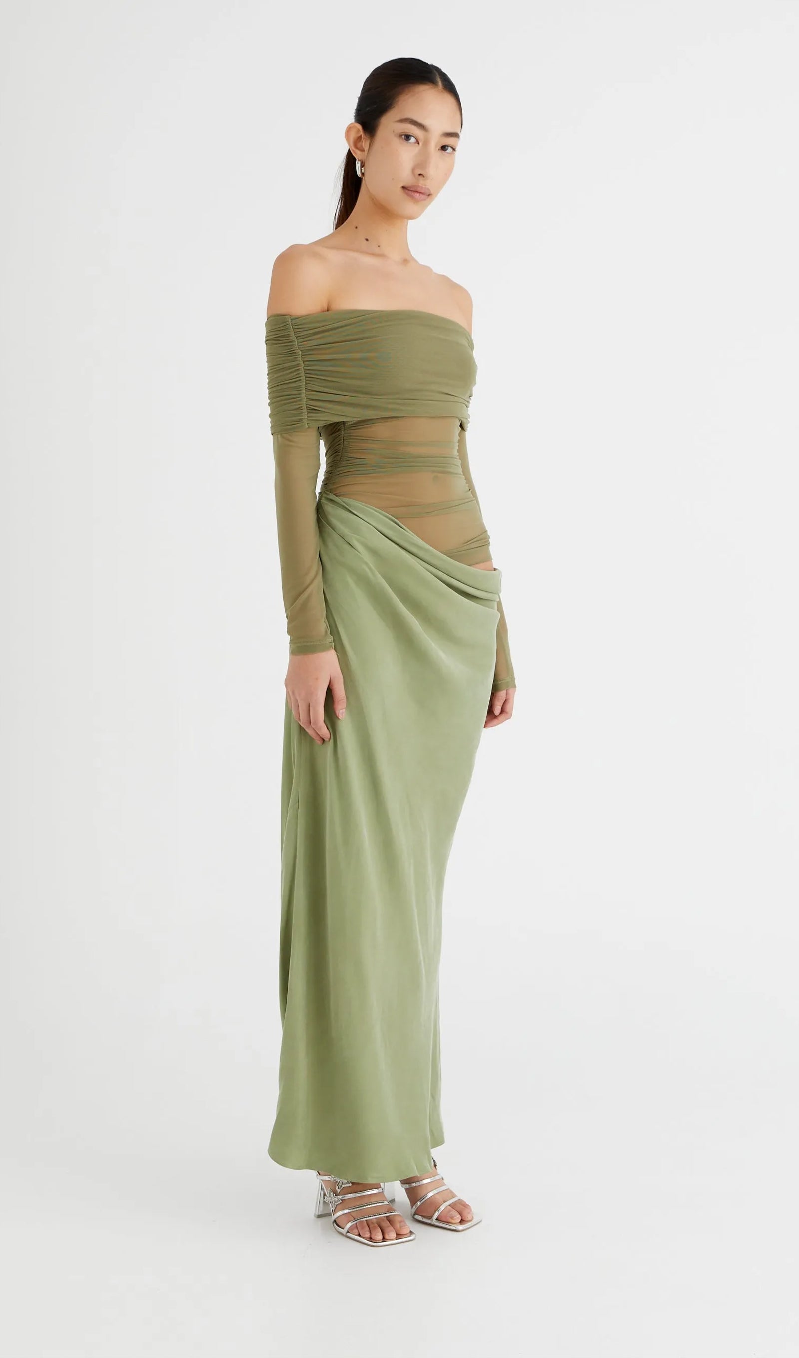 Kapalı Omuz Şeffaf Maksi Örgü Yeşil