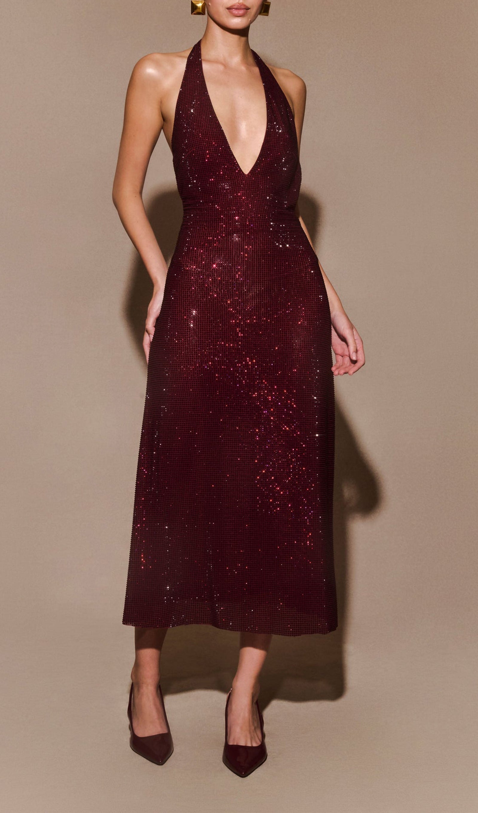 Diamante Halter Midi Elbise - Maun