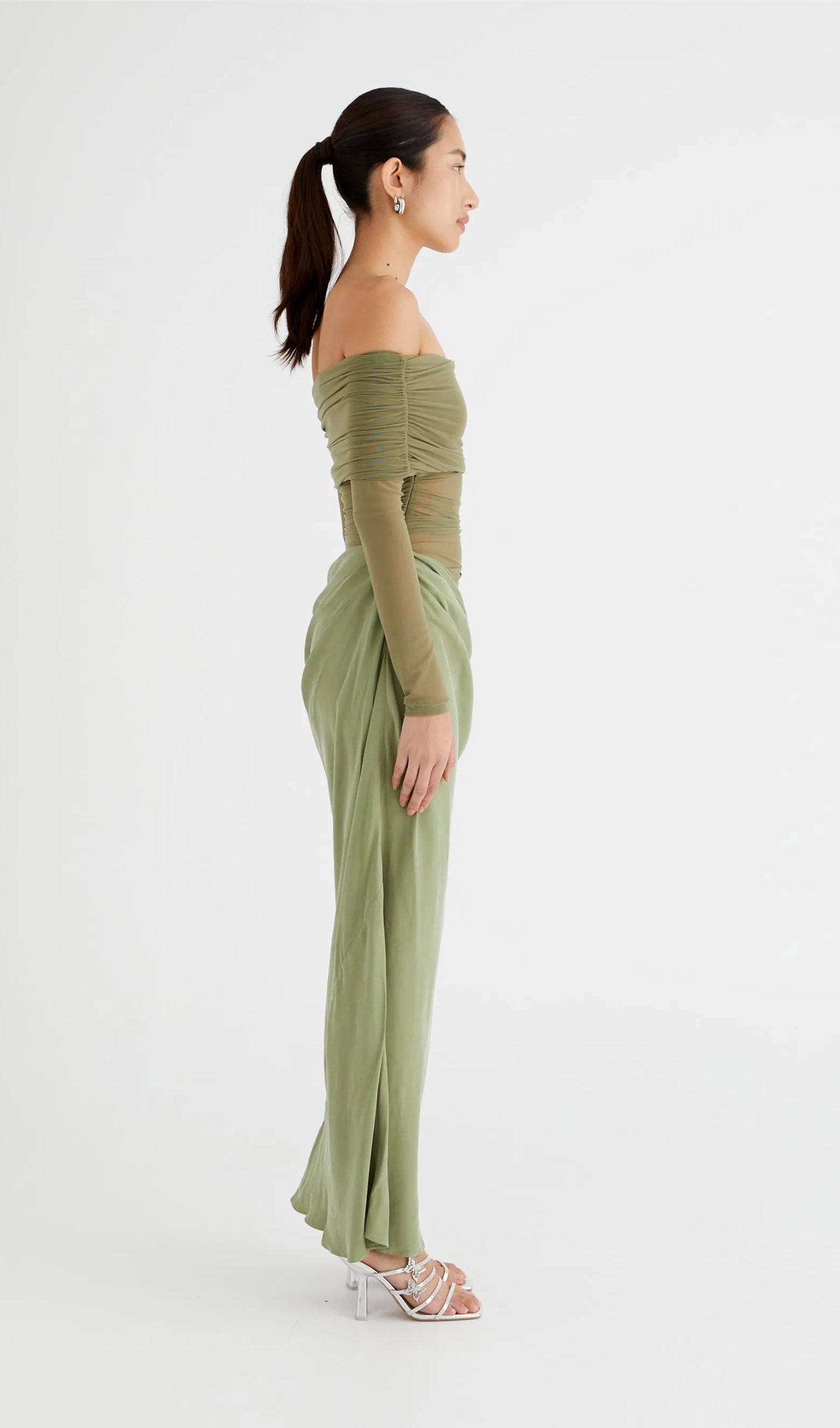 Kapalı Omuz Şeffaf Maksi Örgü Yeşil