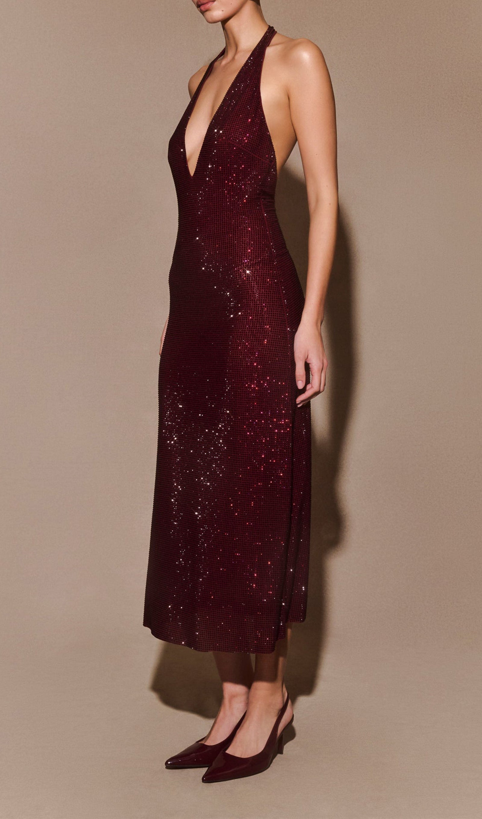 Diamante Halter Midi Elbise - Maun