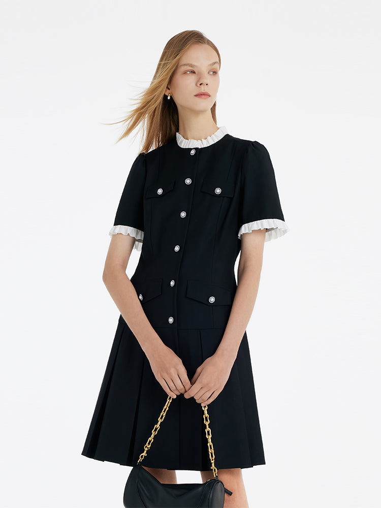 Fırfır Süslemeli İnci Düğmeli Kadın Mini Siyah Spor Elbise