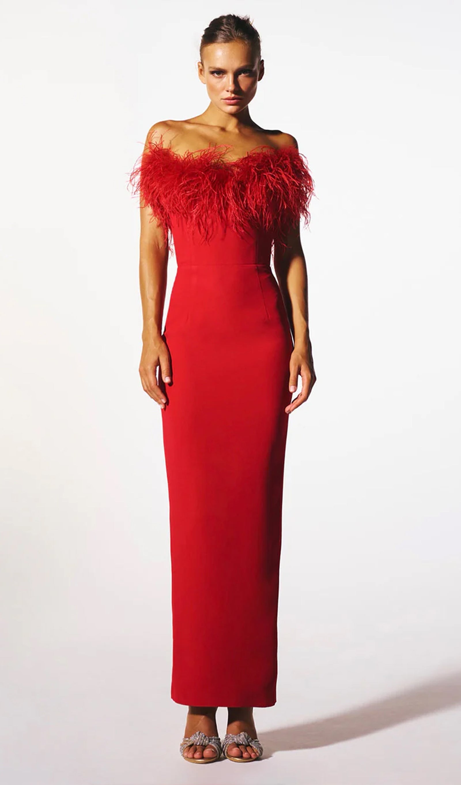 Lena Tüy Süslemeli Midi Elbise Kırmızı