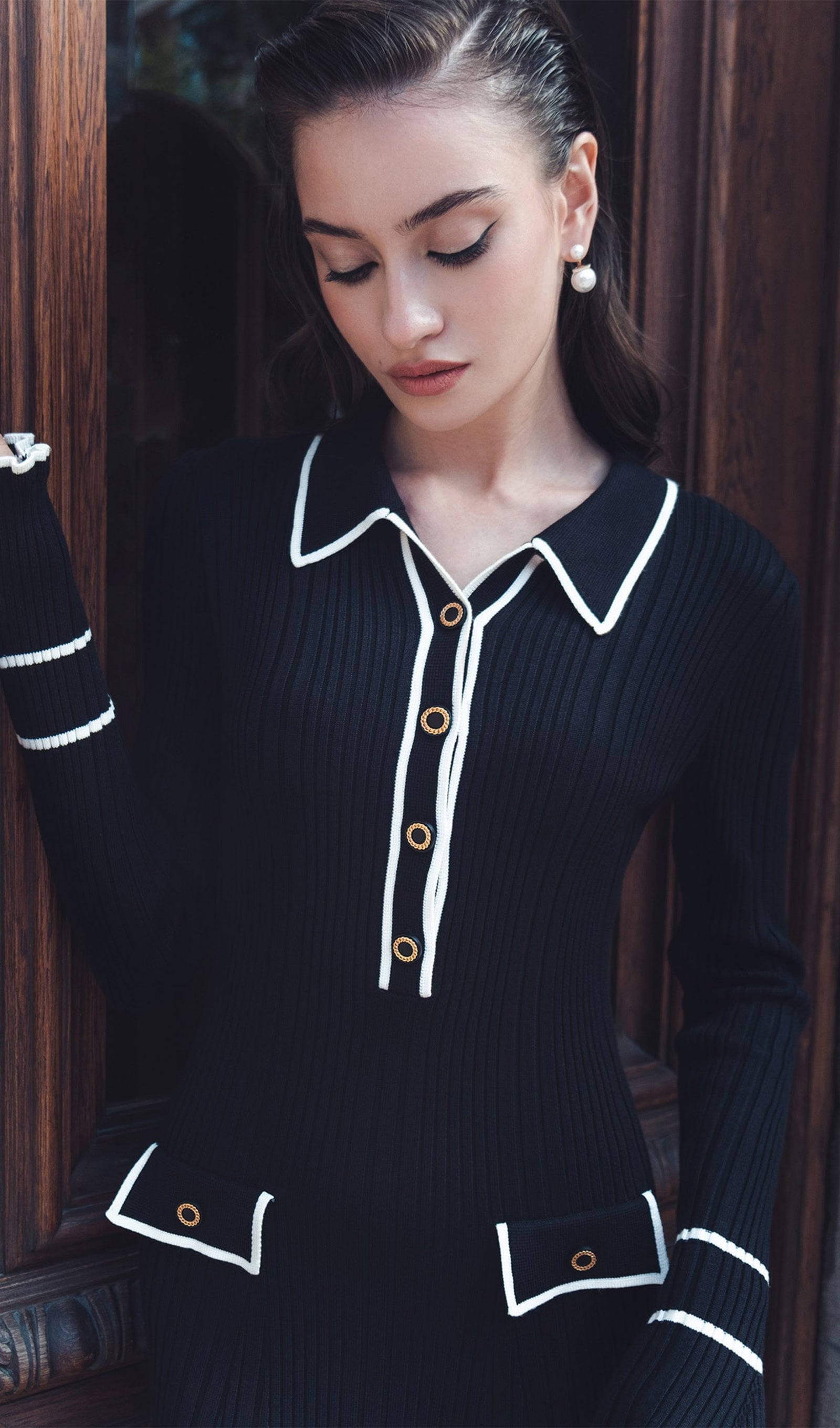 Fitilli Ribana Örgü Midi Elbise-Siyah