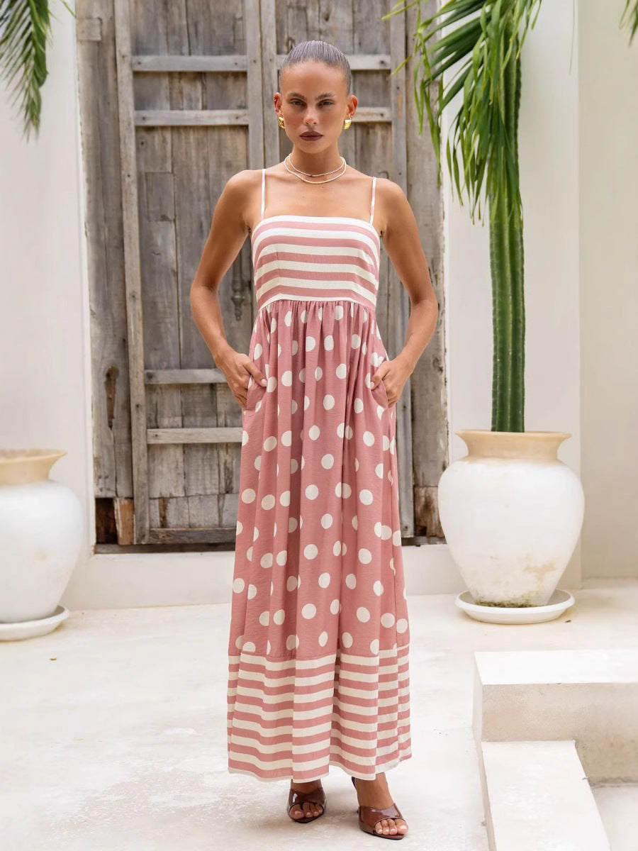 Öne Çıkan Bol Puantiyeli Çizgili Patchwork Maksi Elbise