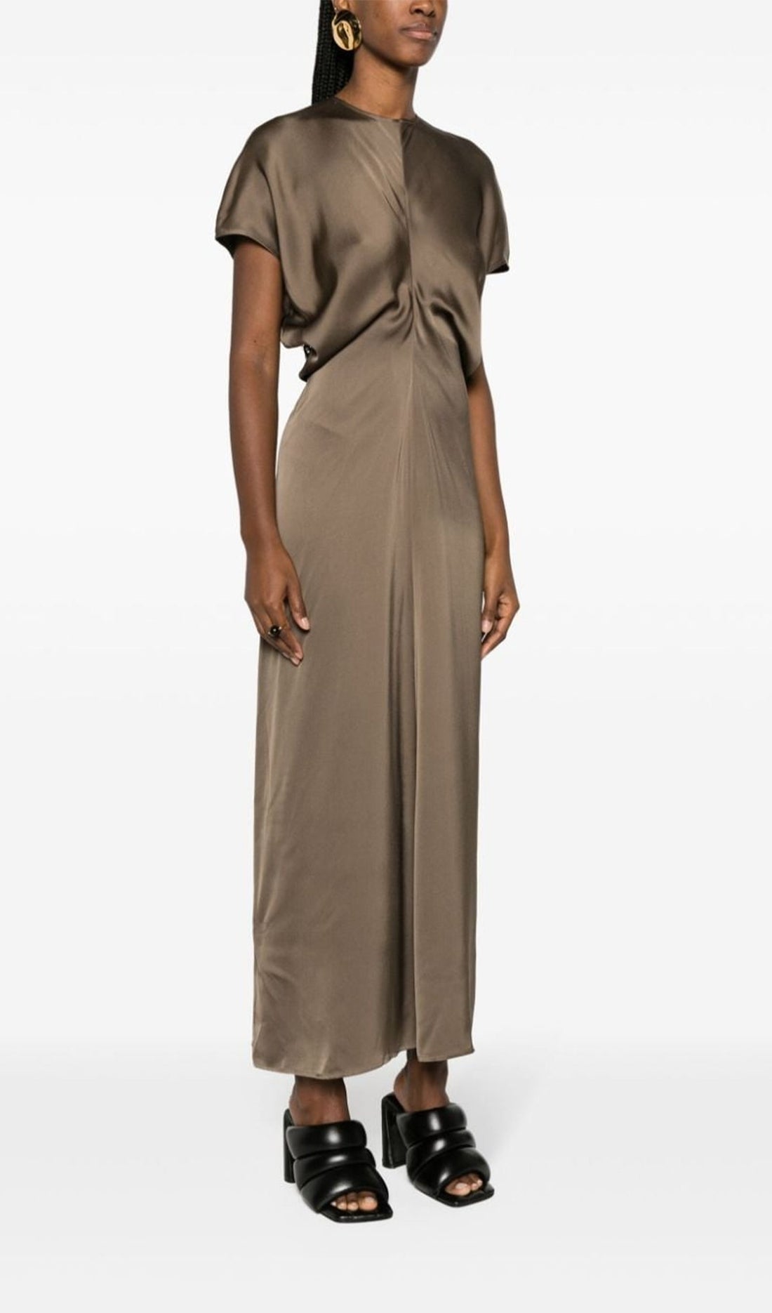 Slouch Bel Saten Midi Elbise-Kahve