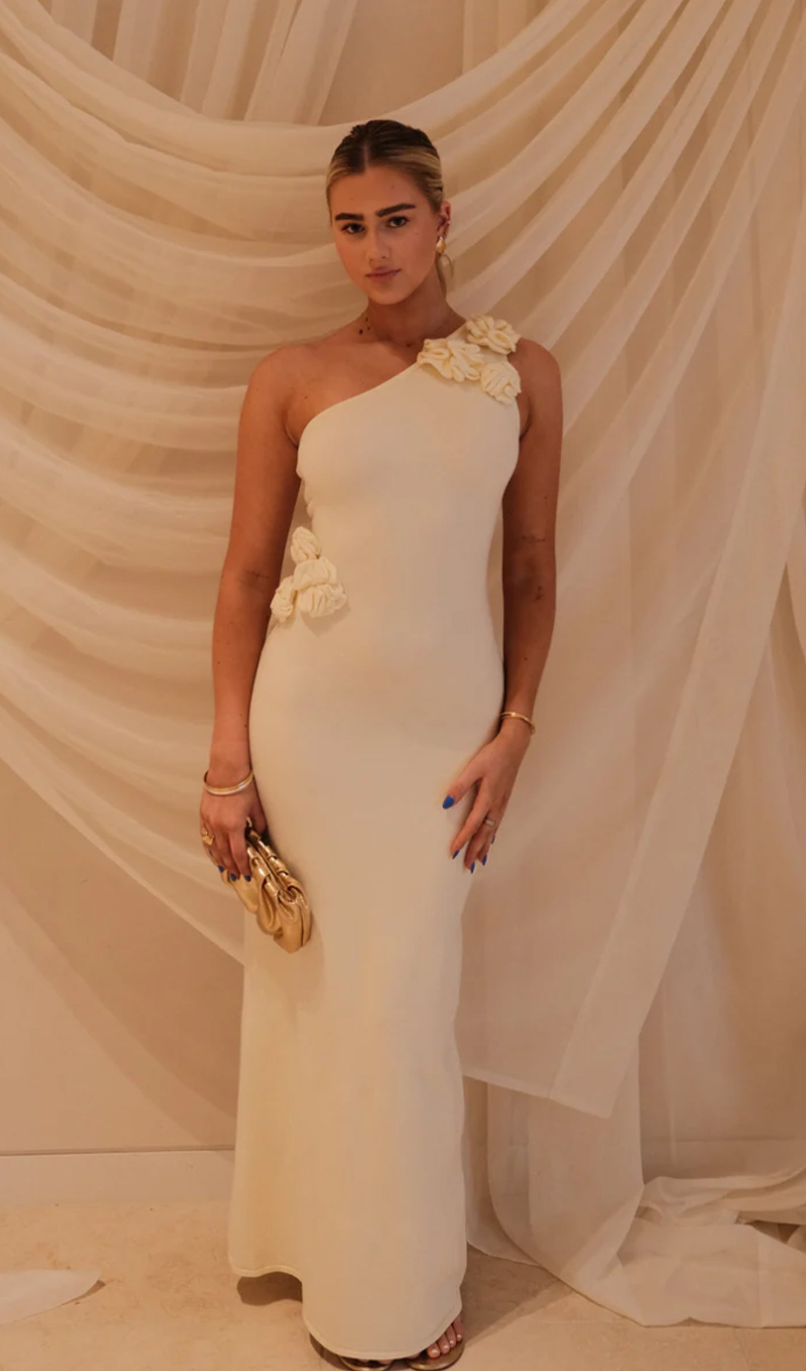 Tek Omuz Çiçekli Örgü Maksi Elbise - Fildişi