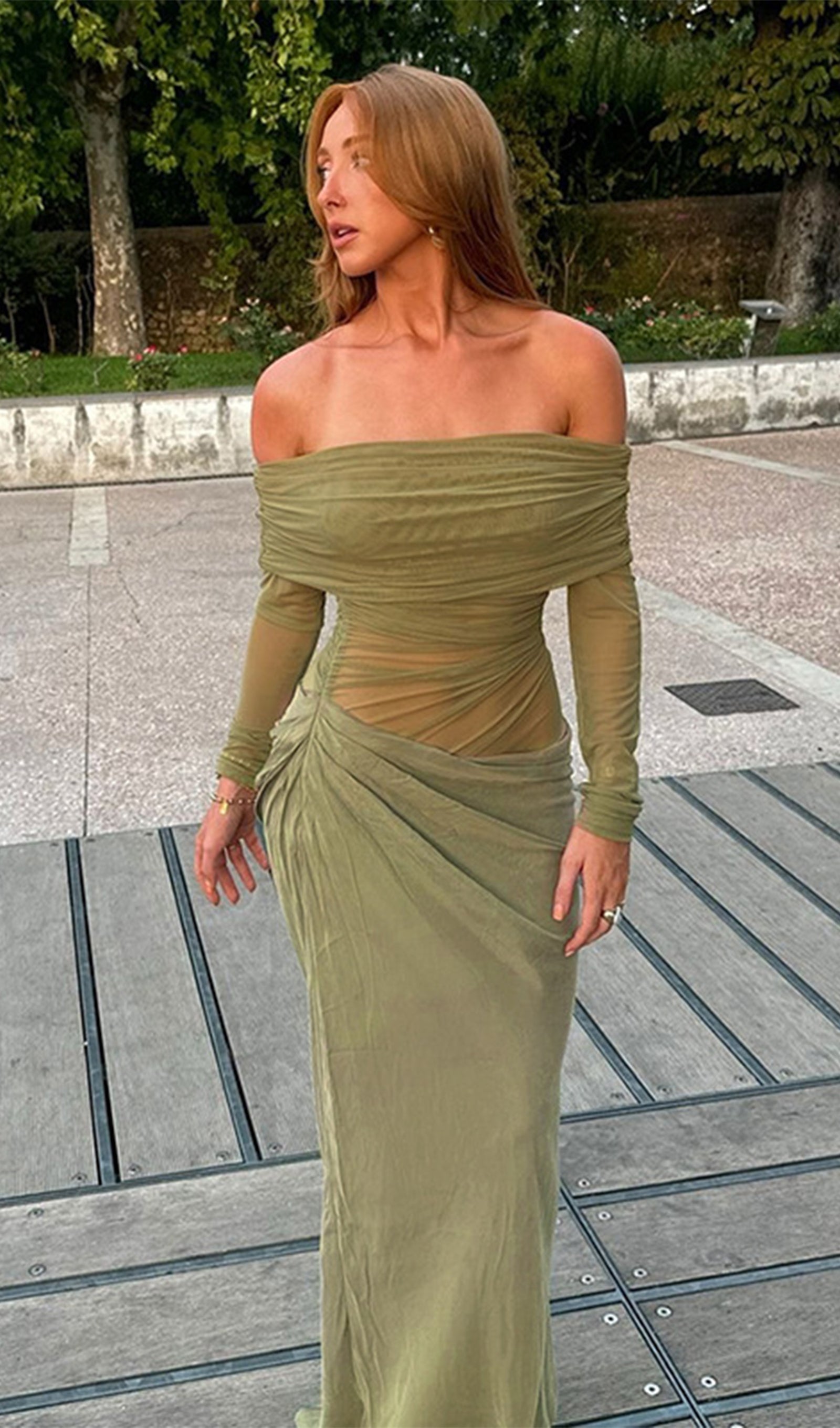 Kapalı Omuz Şeffaf Maksi Örgü Yeşil