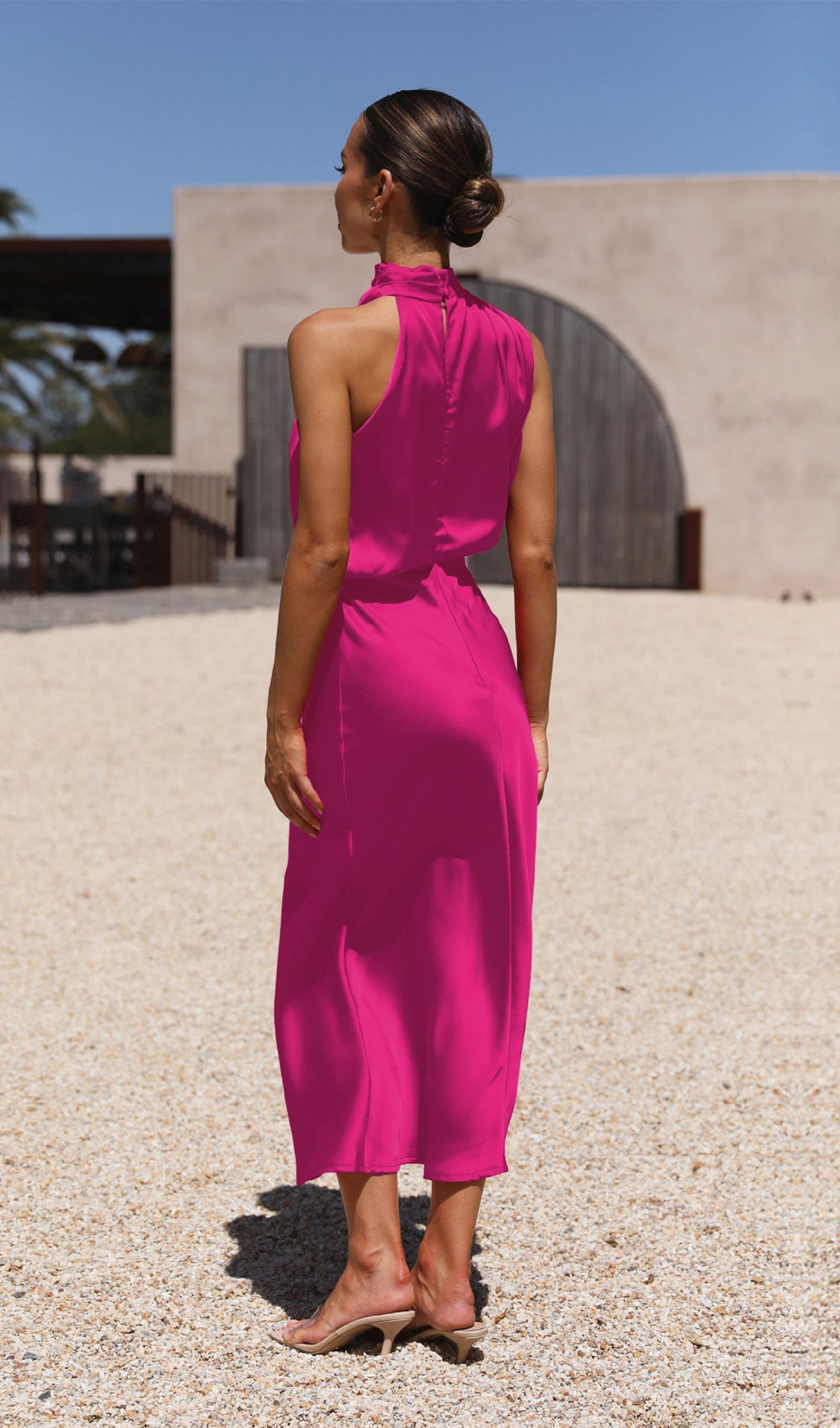 Asimetrik Saten Midi Elbise Gül Kırmızısı