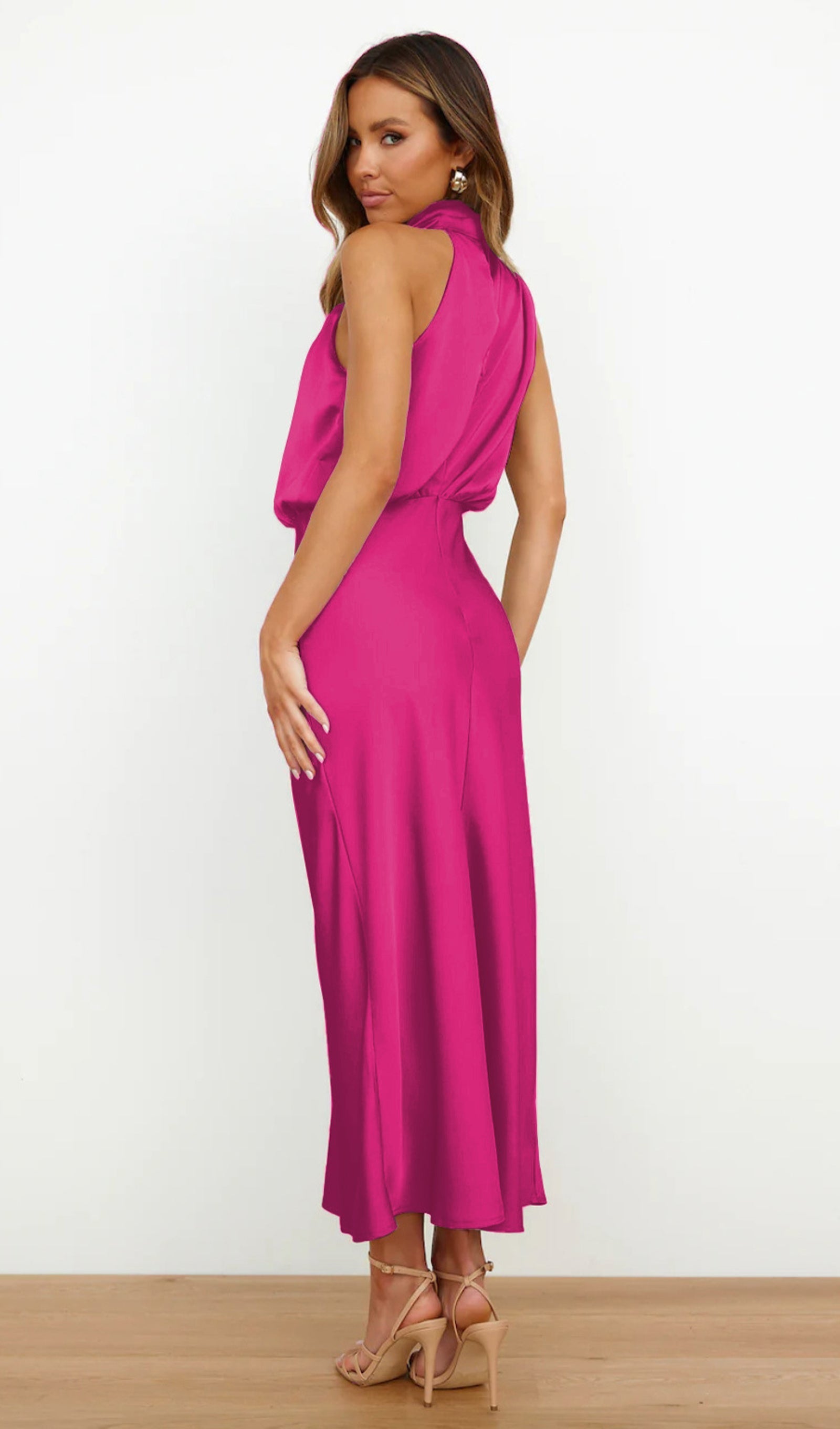 Asimetrik Saten Midi Elbise Gül Kırmızısı