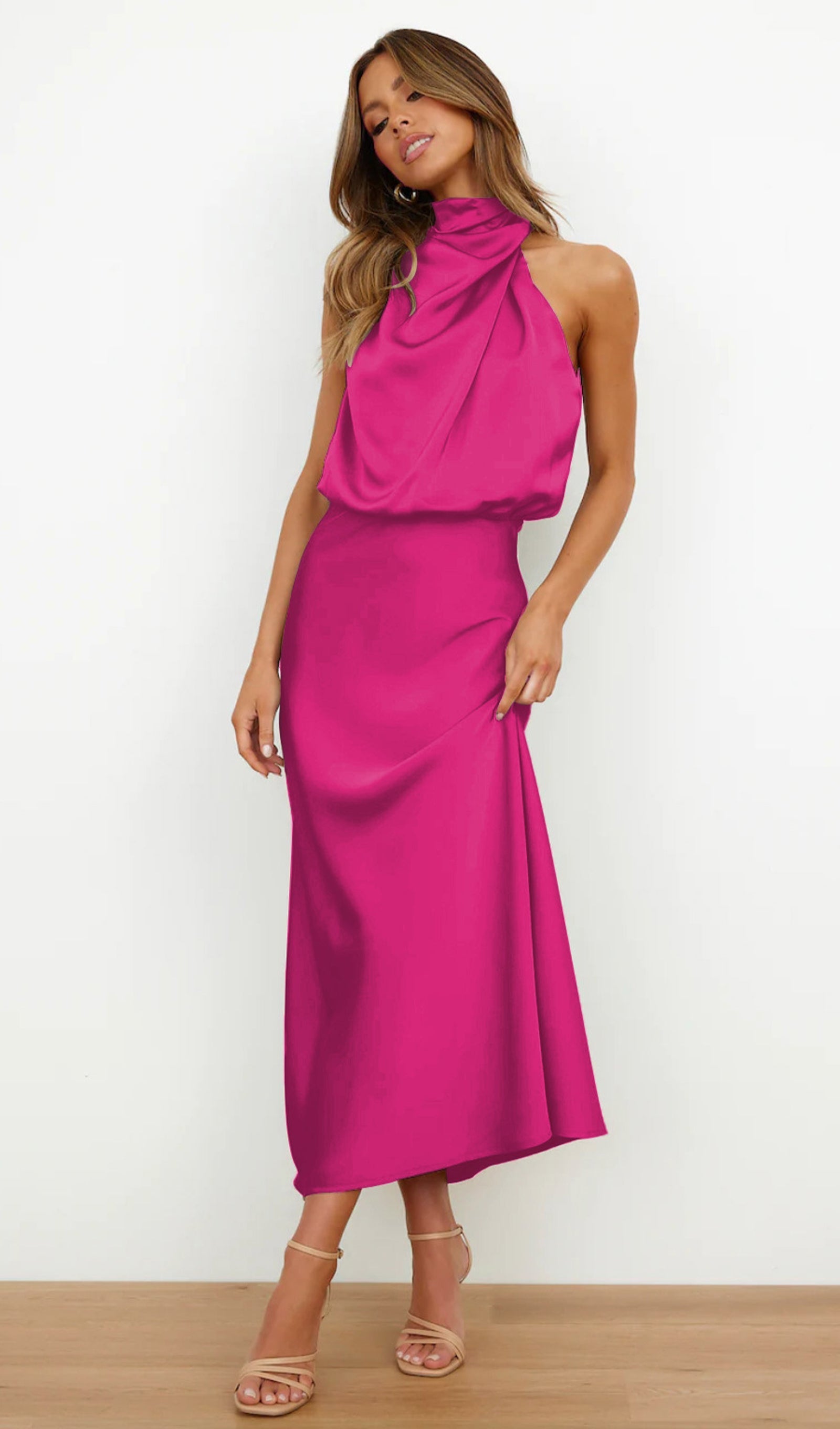 Asimetrik Saten Midi Elbise Gül Kırmızısı