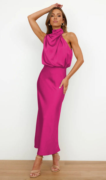 Asimetrik Saten Midi Elbise Gül Kırmızısı