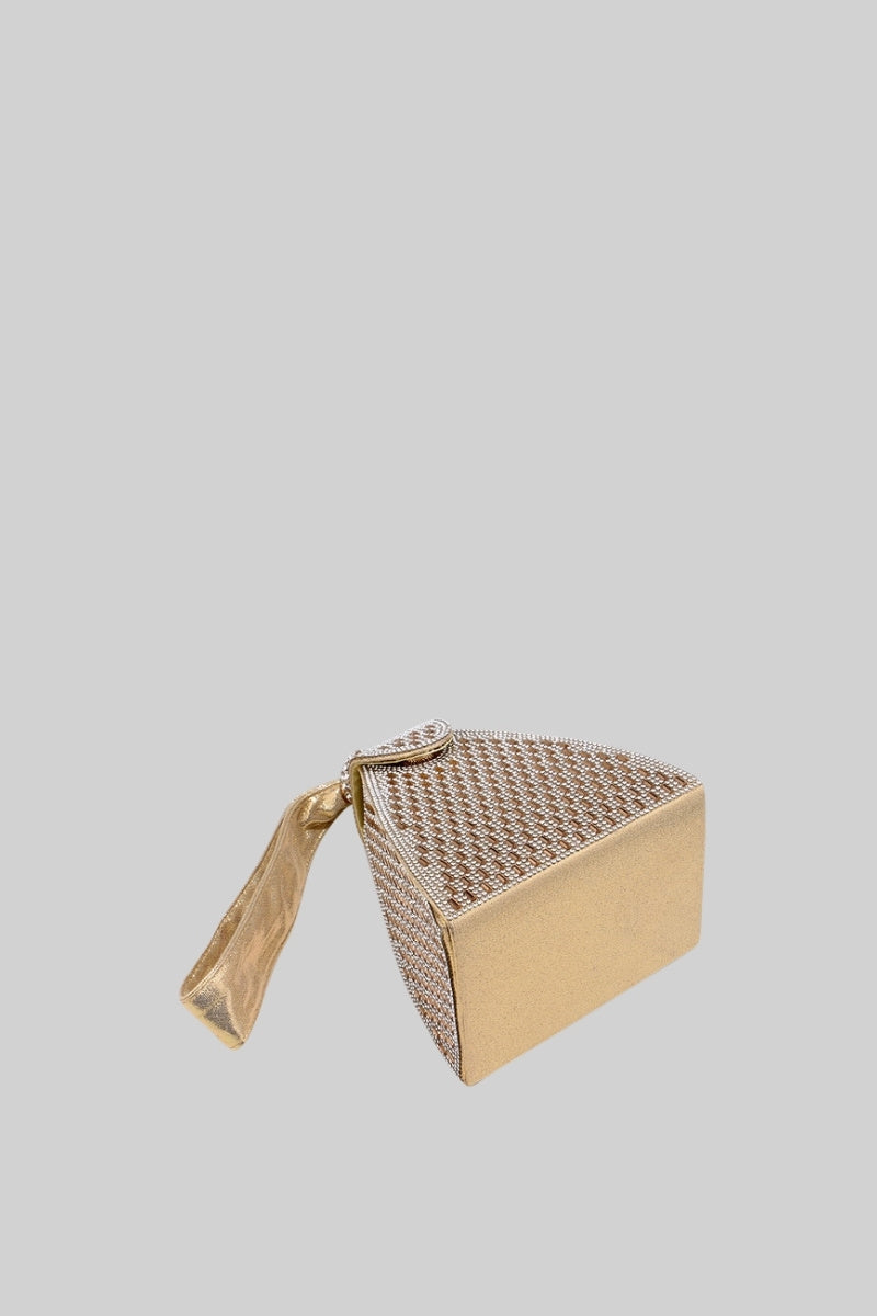 Üçgen modelde altın taşlı metalik çanta - altın