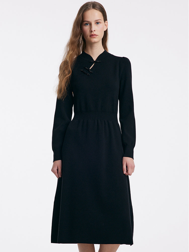 Yün Cheongsam Büzgülü Bel Qipao Kırmızı Midi Kışlık Elbise