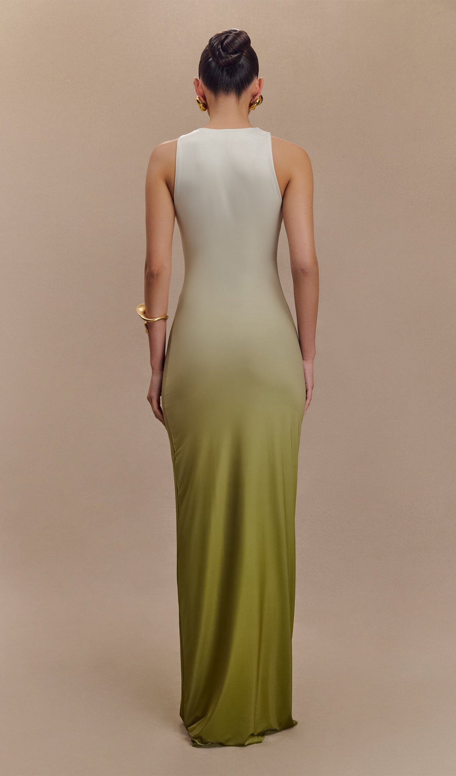 Drapeli Dar Maksi Elbise Ombre Zeytin