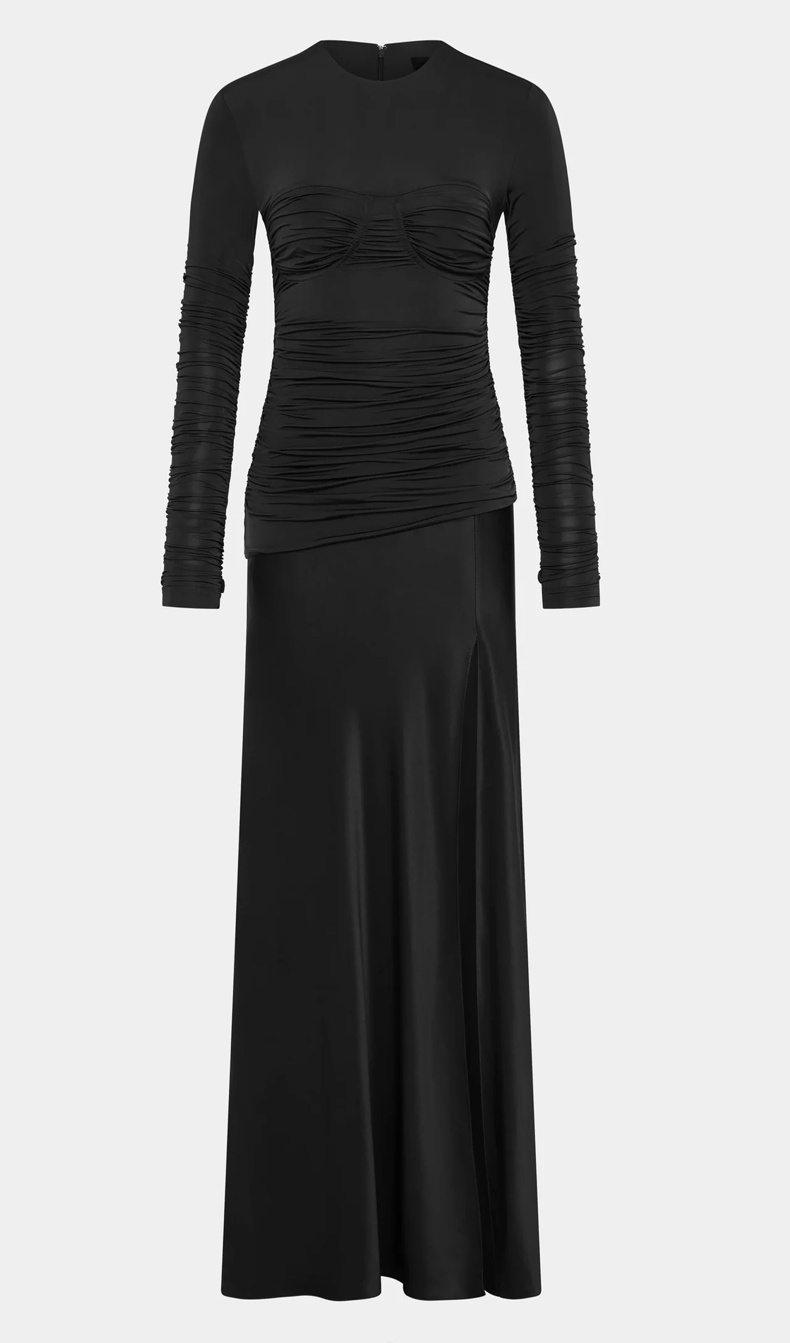 Drapeli Jersey ve Saten Maksi Elbise-Siyah