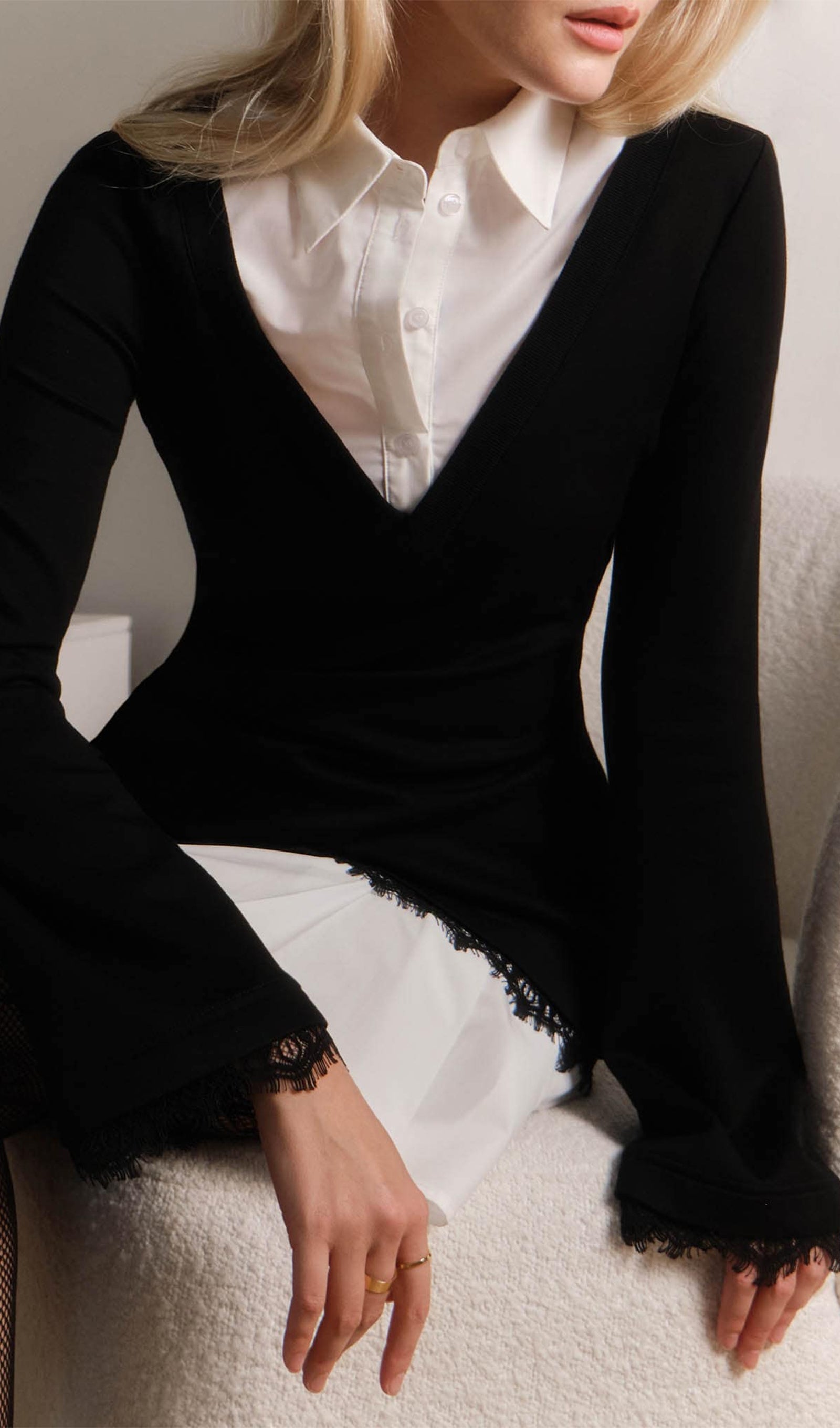 İmitasyon Dantel Dekorlu Gömlek Mini Elbise