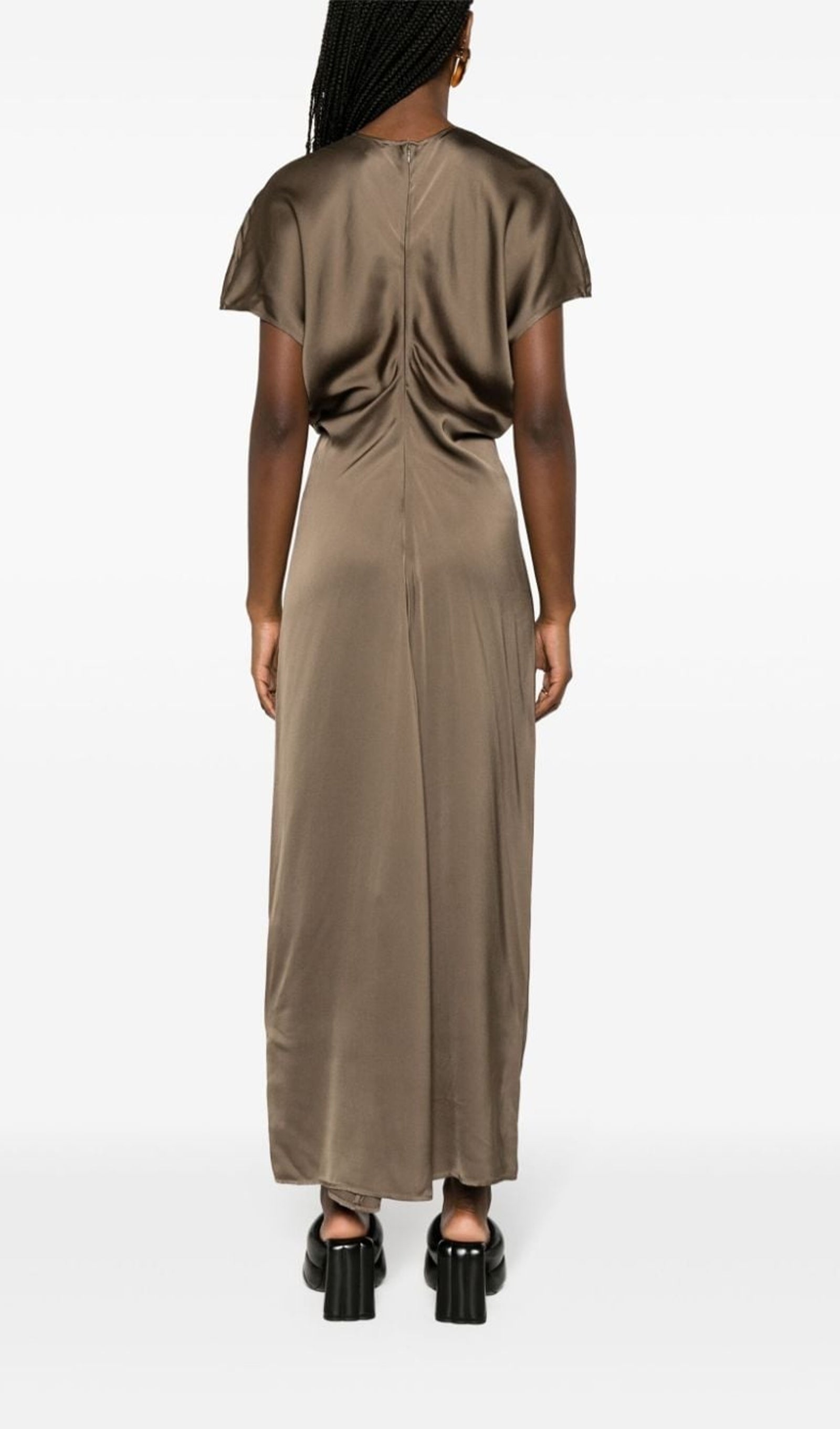 Slouch Bel Saten Midi Elbise-Kahve