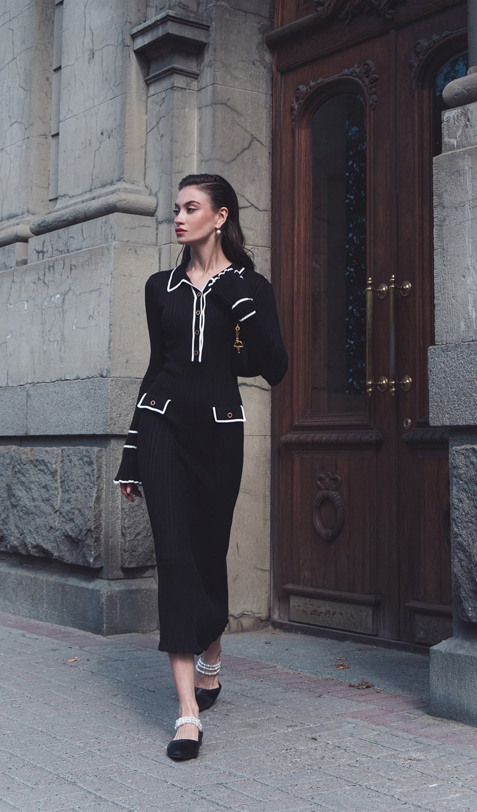 Fitilli Ribana Örgü Midi Elbise-Siyah