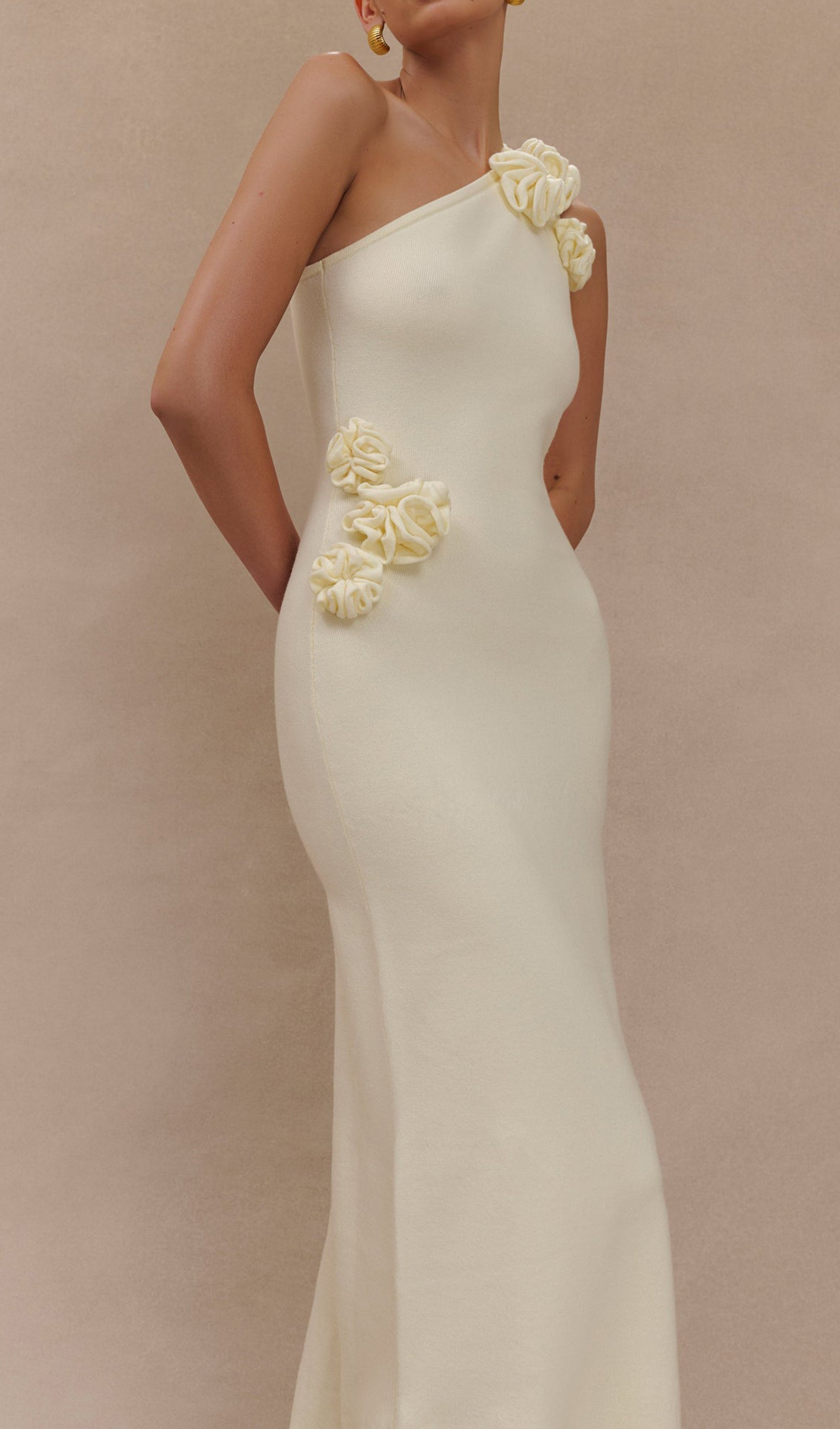 Tek Omuz Çiçekli Örgü Maksi Elbise - Fildişi