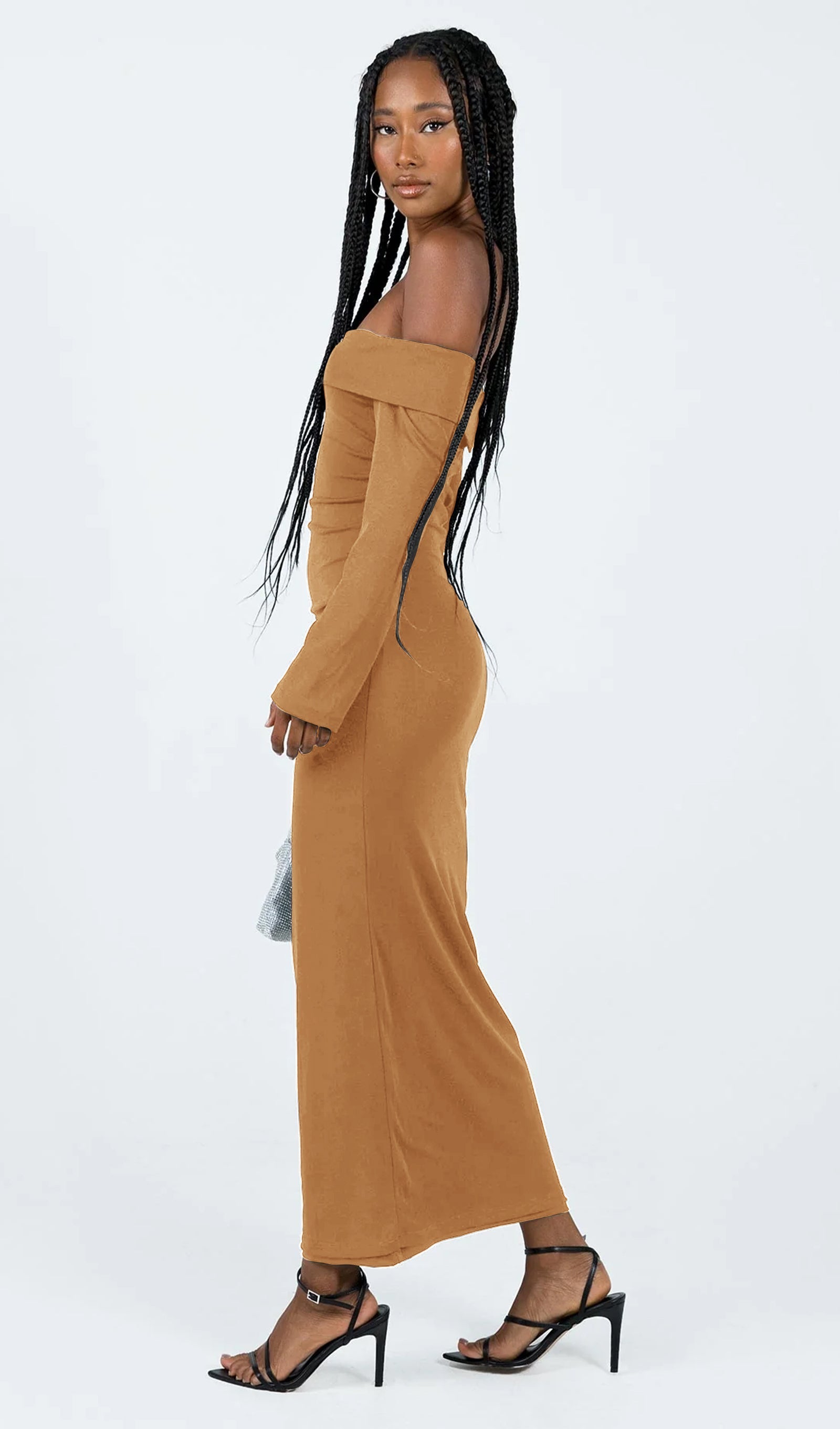 Maida Katlamalı Yaka Maksi Elbise Camel