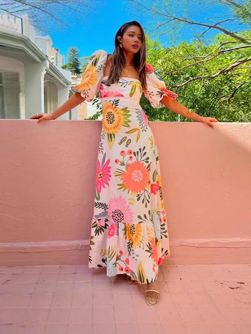 Çiçek Desenli Kare Yaka Balon Kollu Maksi Elbise