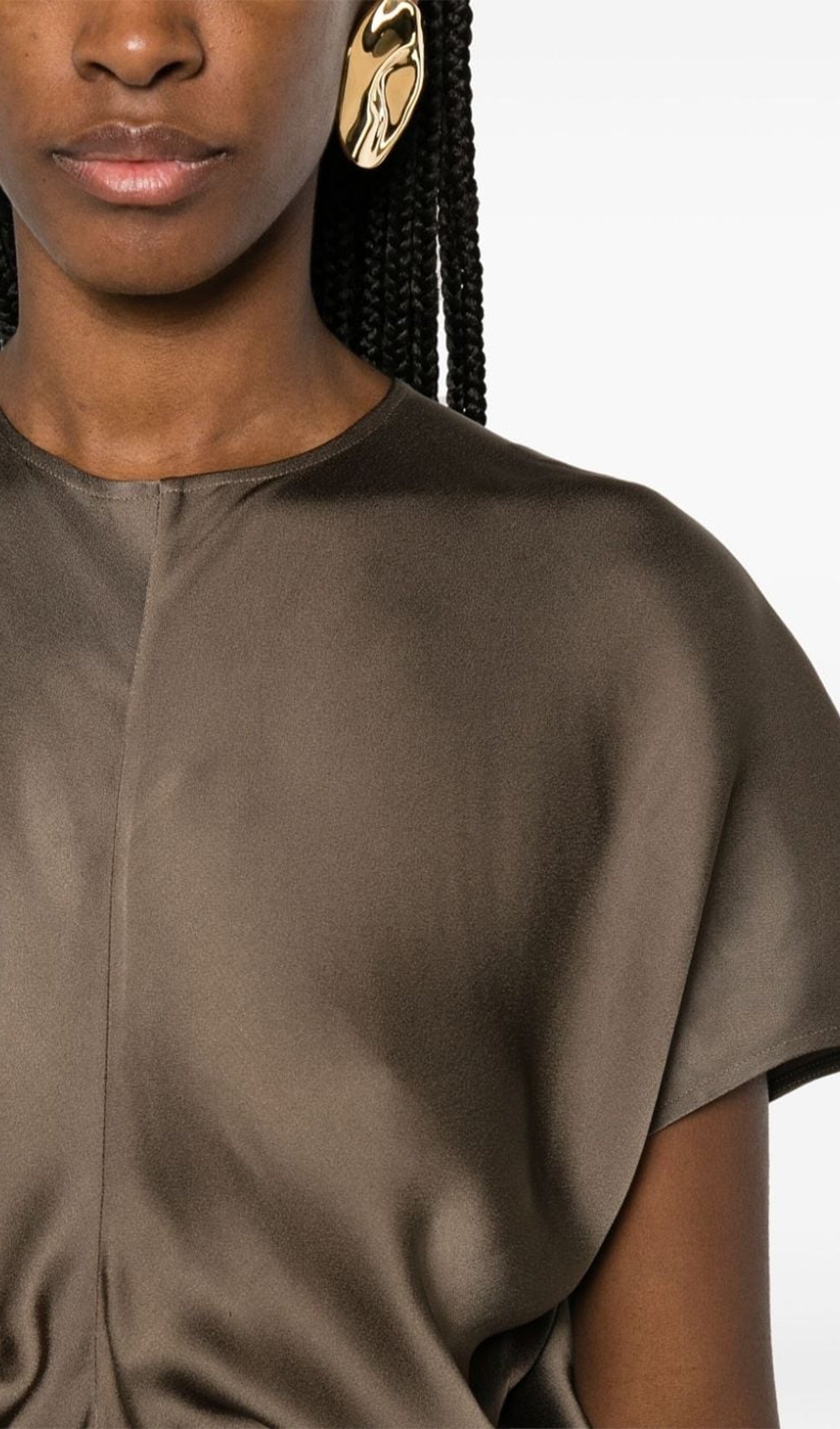 Slouch Bel Saten Midi Elbise-Kahve