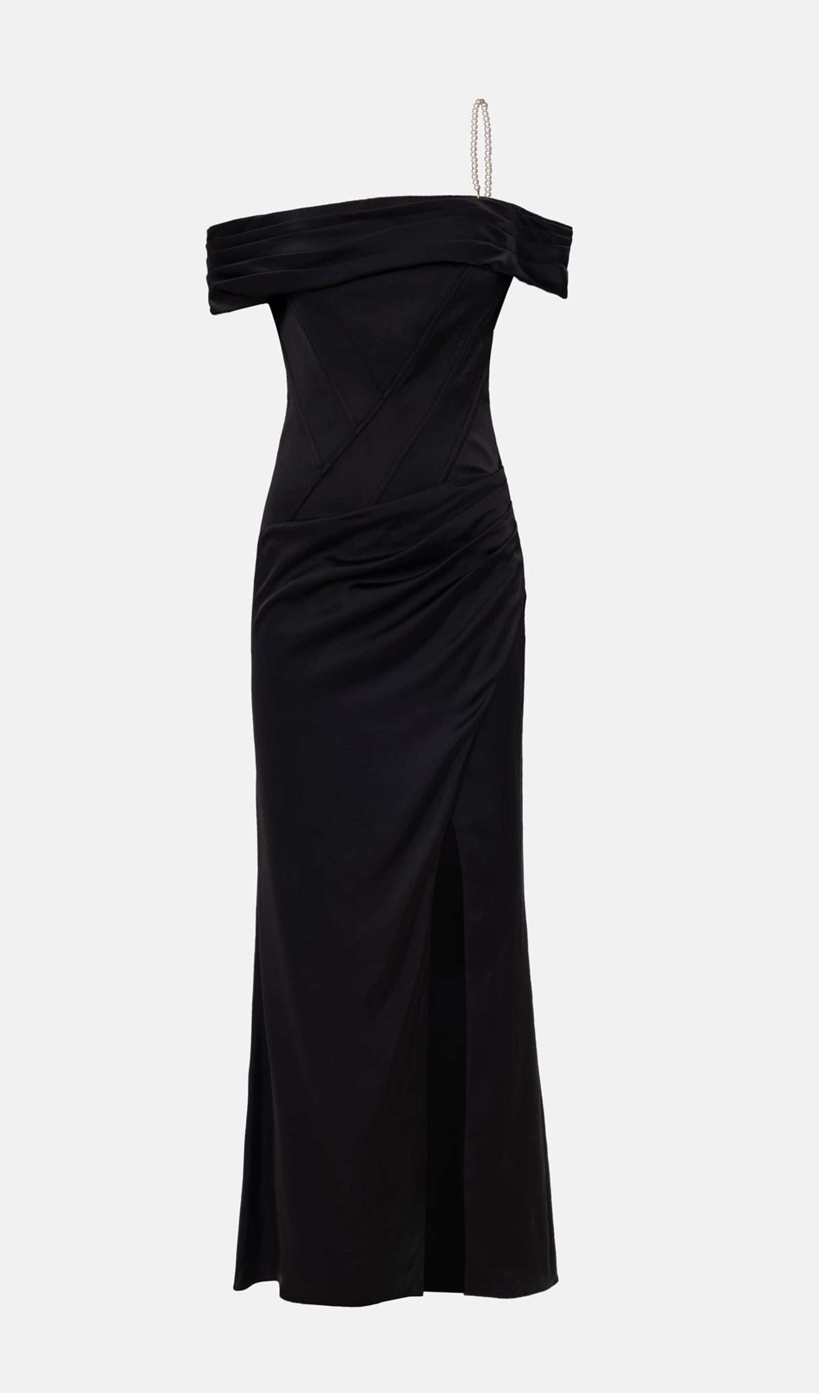 Saten Kapalı Omuz Diyagonal Boncuklu Maksi Elbise