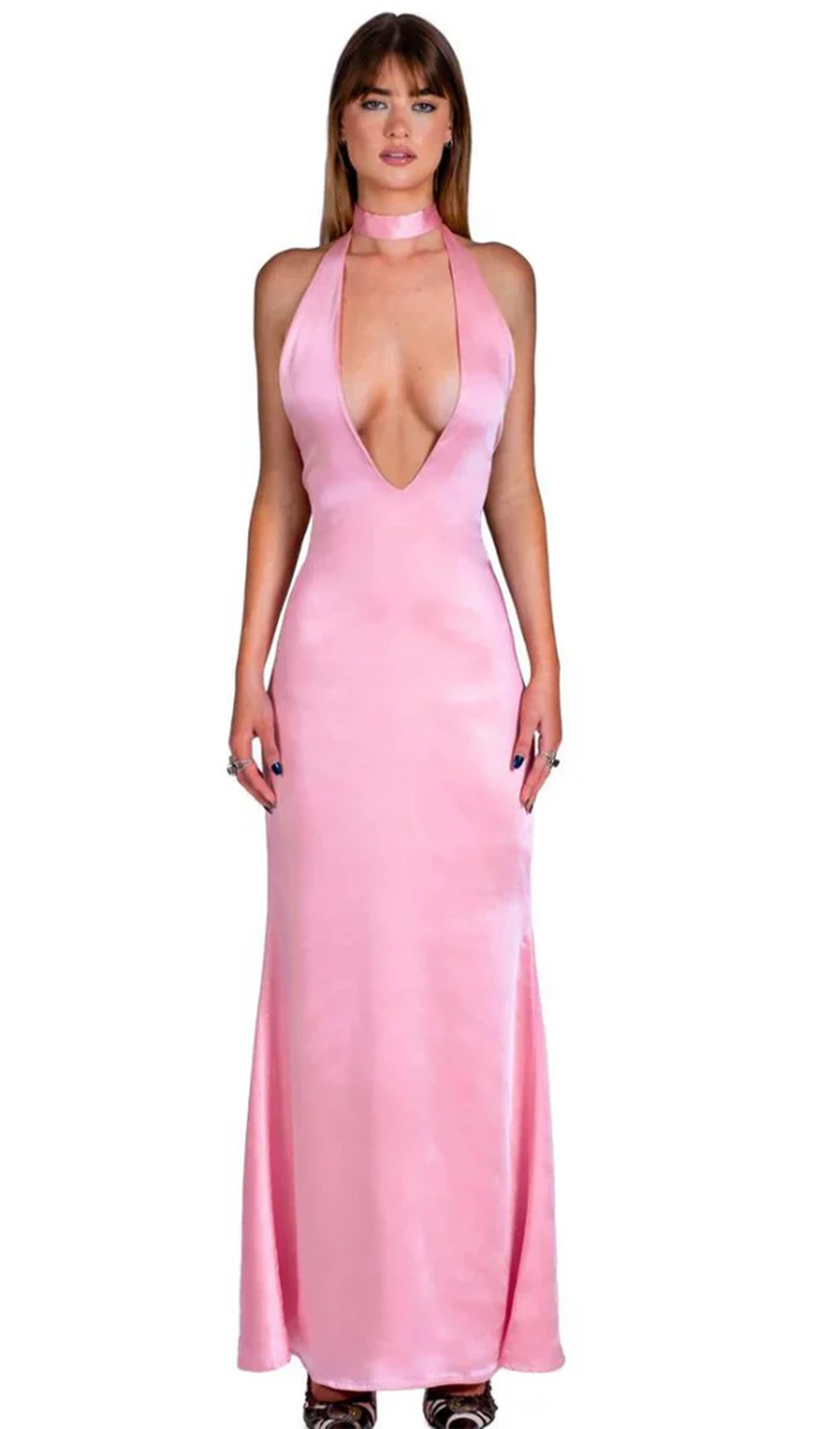 Derin V Yaka Saten Maksi Elbise