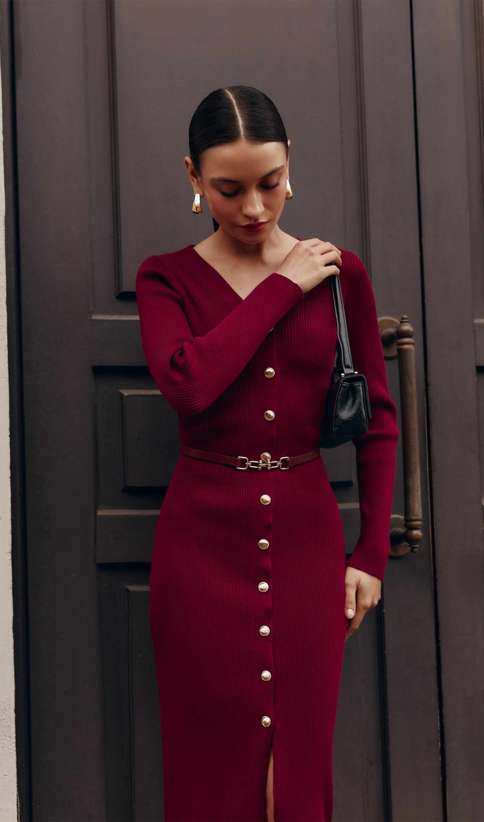 Kırmızı Örme Midi Elbise