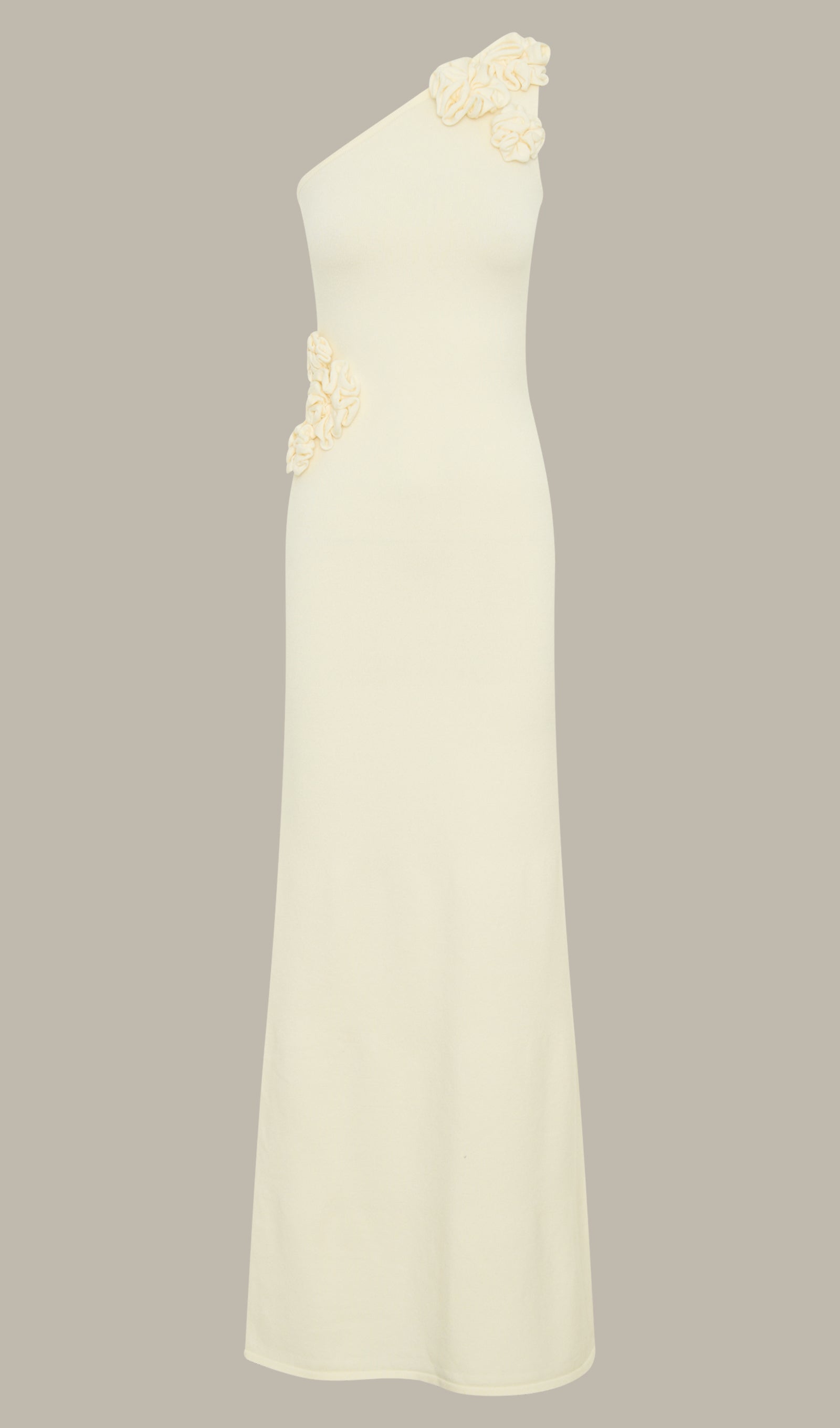 Tek Omuz Çiçekli Örgü Maksi Elbise - Fildişi