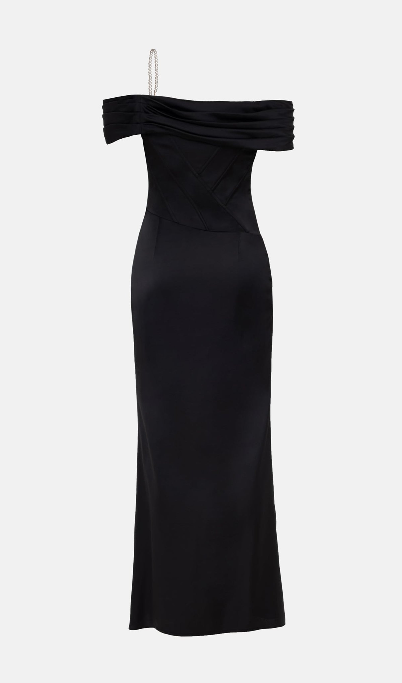 Saten Kapalı Omuz Diyagonal Boncuklu Maksi Elbise