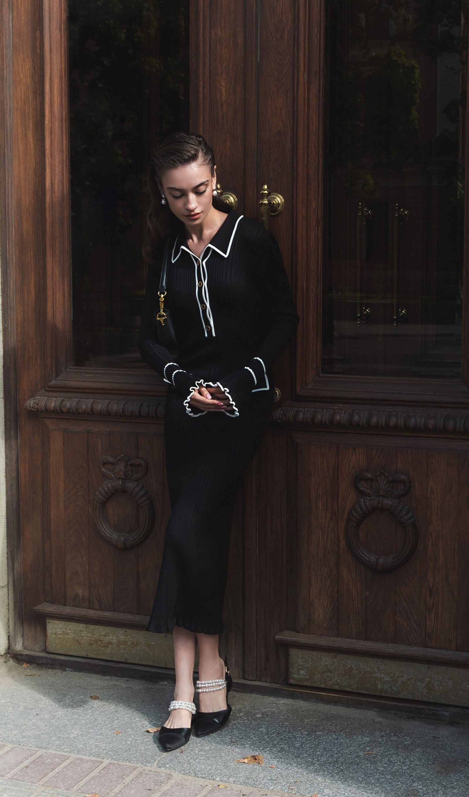 Fitilli Ribana Örgü Midi Elbise-Siyah