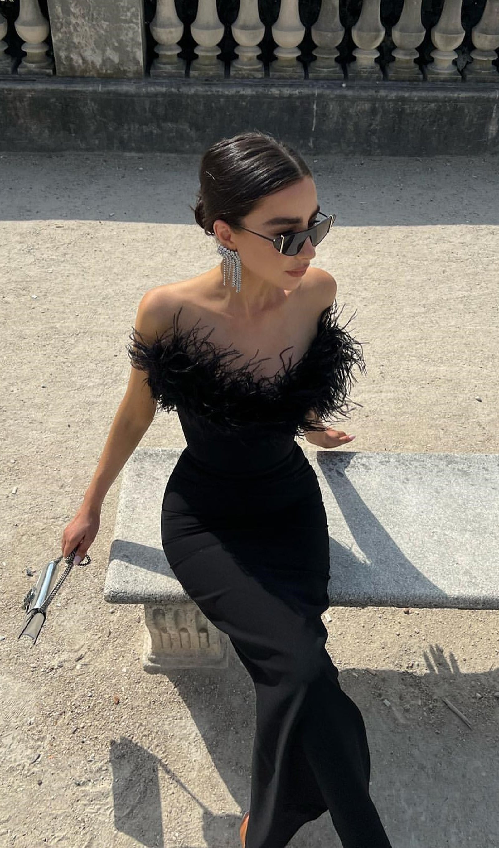 Lena Tüy Süslemeli Midi Elbise Siyah