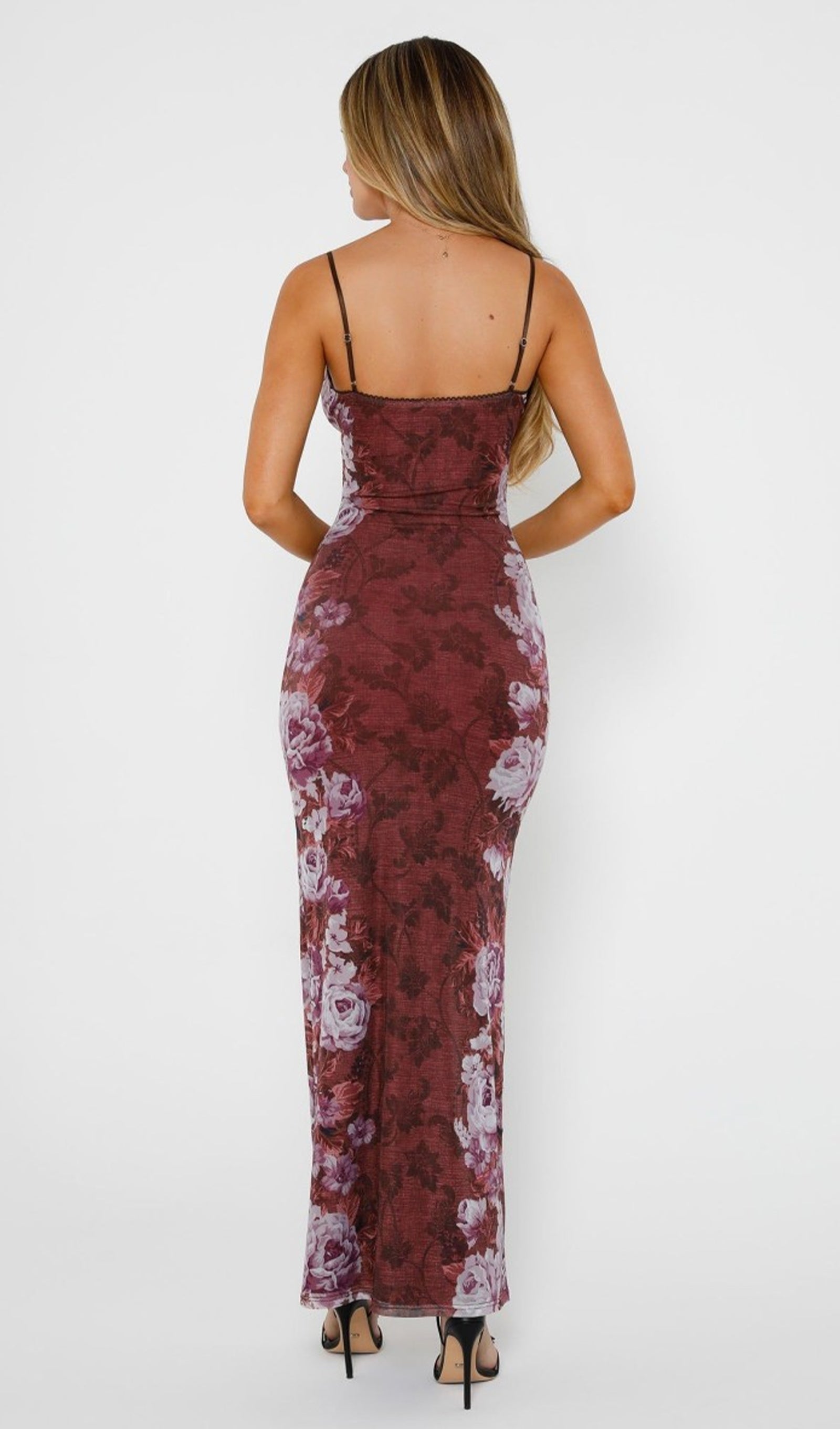 Çiçekli Gül Çizgili Maksi Elbise