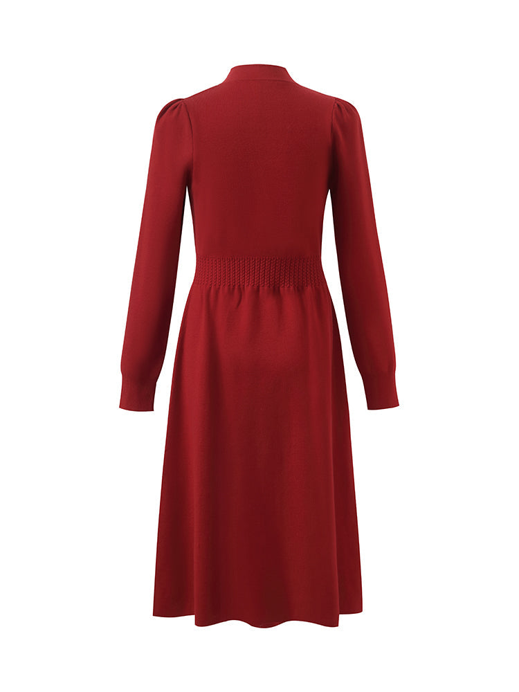 Yün Cheongsam Büzgülü Bel Qipao Kırmızı Midi Kışlık Elbise