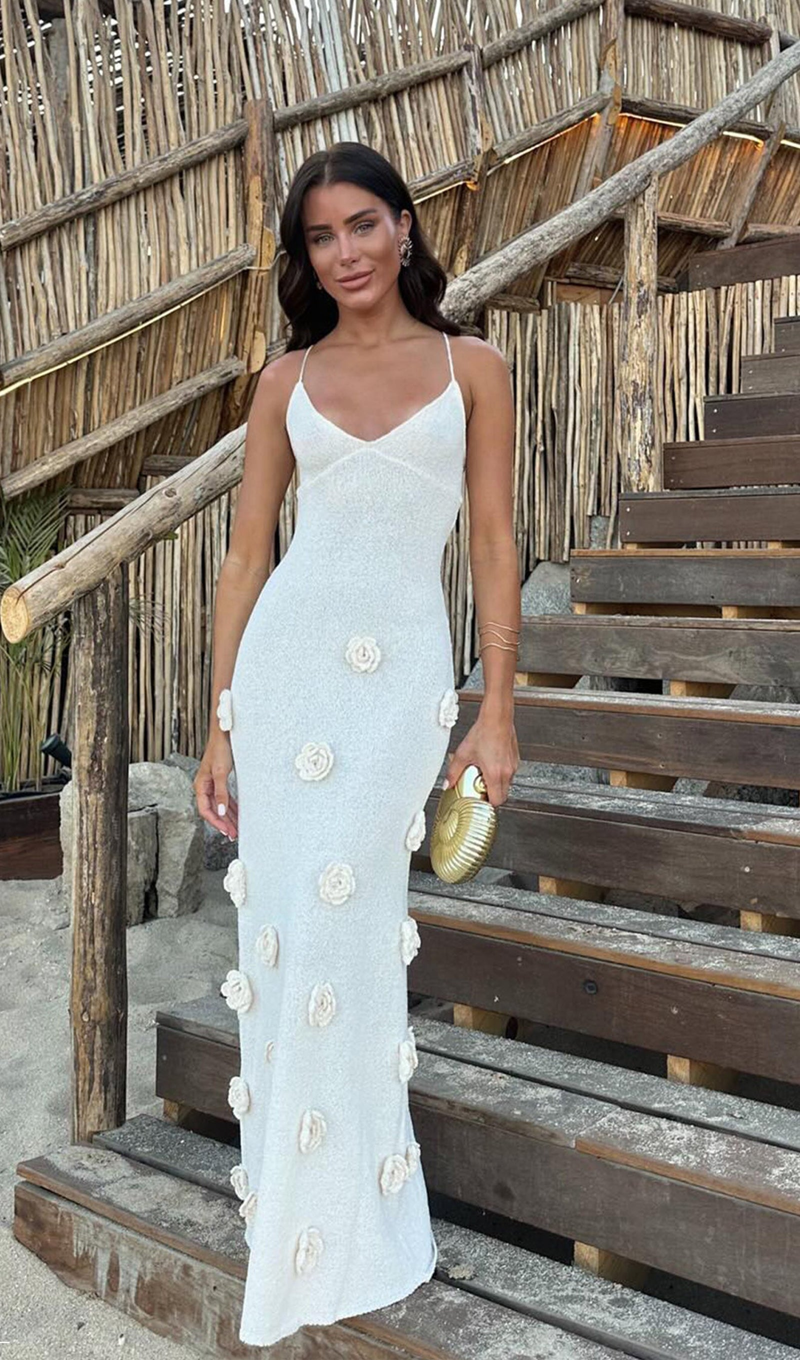 Çiçekli Örgü Maksi Elbise-Koyu Beyaz