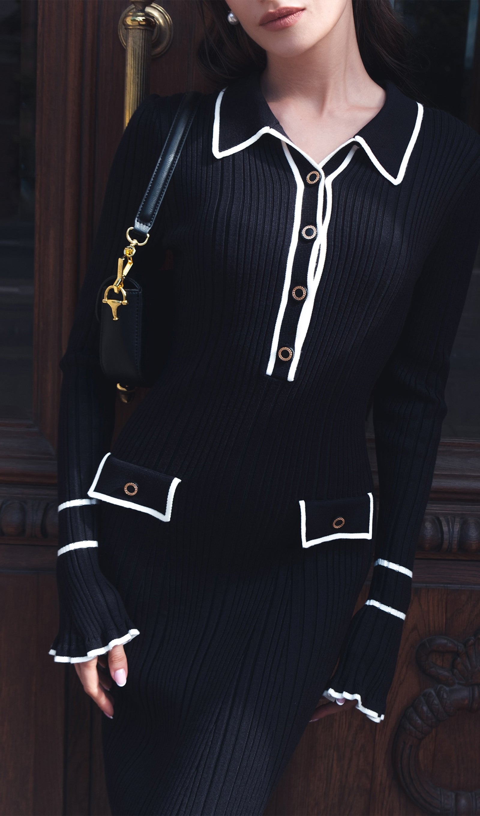 Fitilli Ribana Örgü Midi Elbise-Siyah