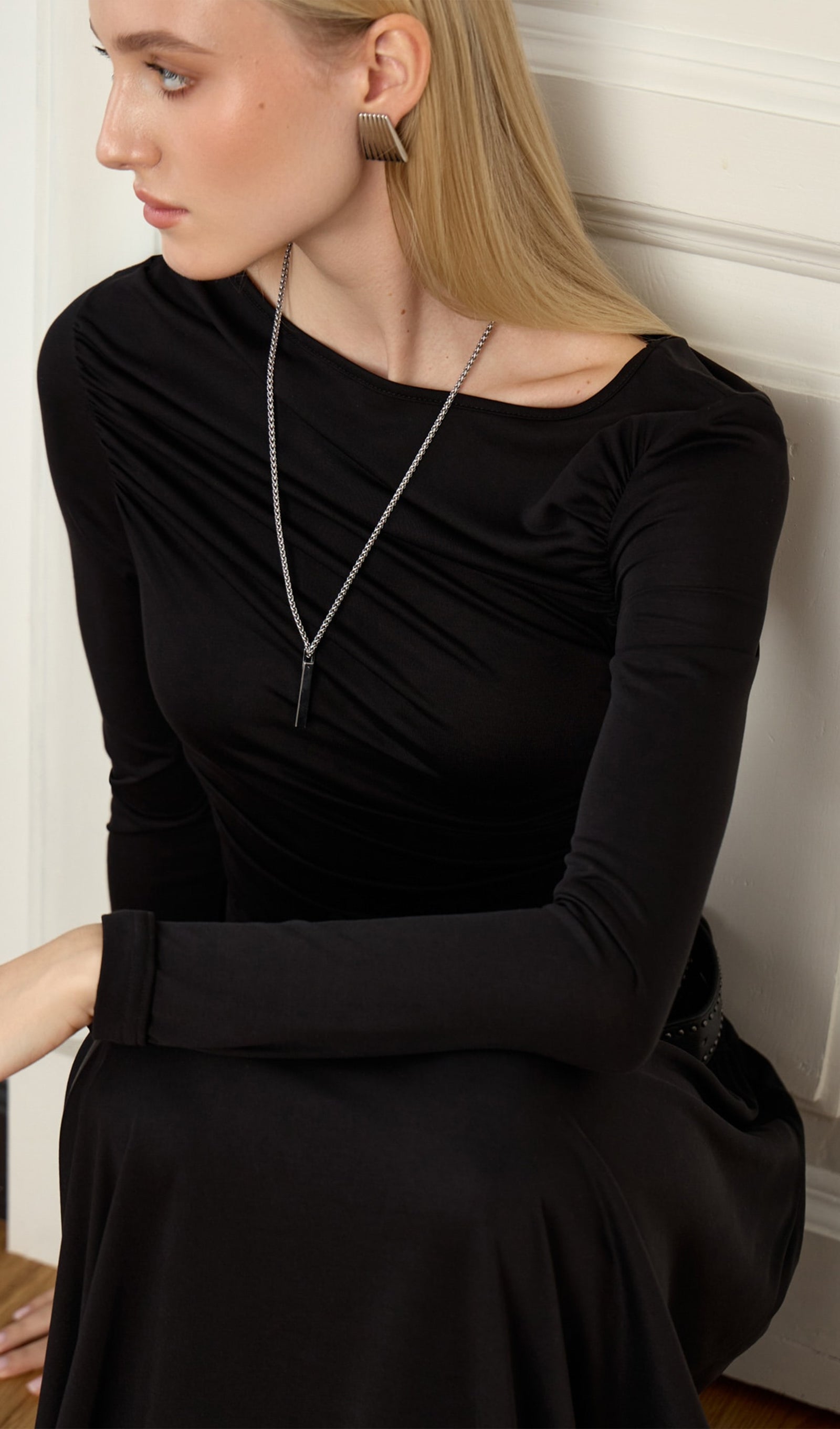 Fırfırlı Örme Maksi Elbise-Siyah