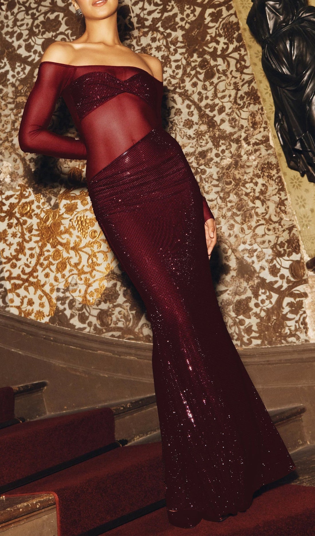 Diamante Kapalı Omuz Maksi Elbise - Kırmızı