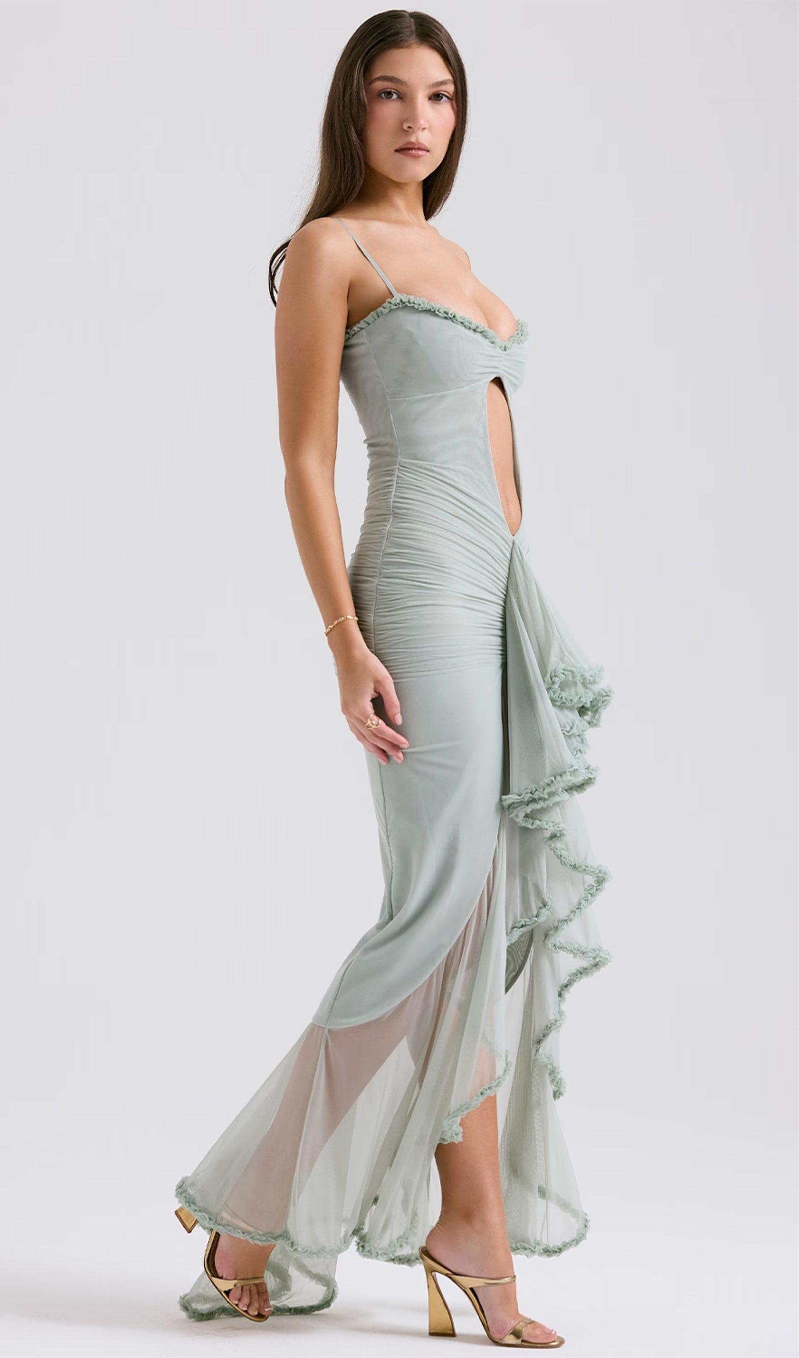 Fırfırlı Önden Elbiseli Maksi Elbise-Yeşil