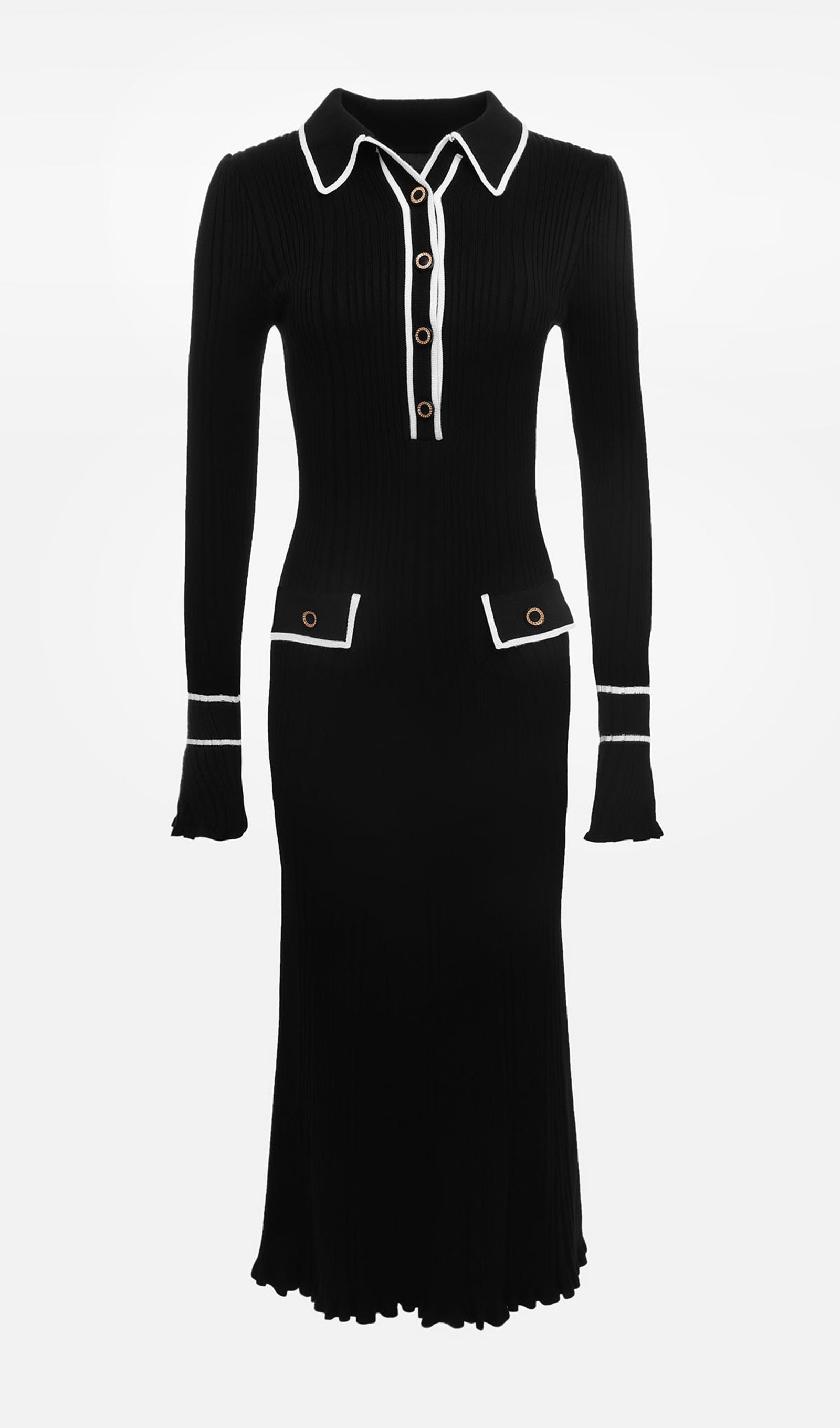 Fitilli Ribana Örgü Midi Elbise-Siyah