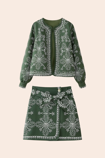 Soyut Baskılı Ceket Mini Etek Takım