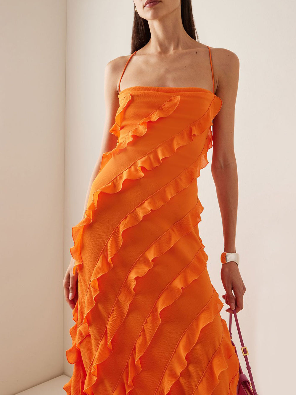 Ahşap Kulak Etek Yırtmaçlı Maksi Elbise