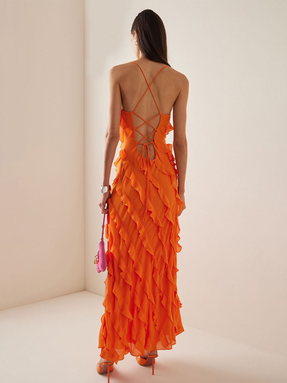 Ahşap Kulak Etek Yırtmaçlı Maksi Elbise