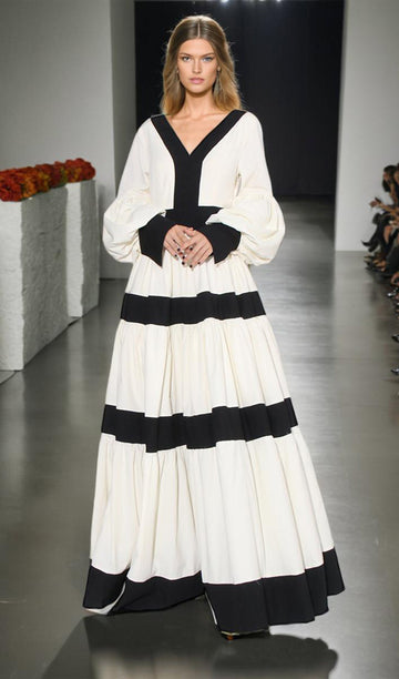 Siyah Beyaz Patchwork Maksi Elbise