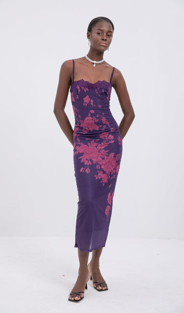 Trendy Bağcıklı Dantel Çiçekli Örgü Midi Elbise